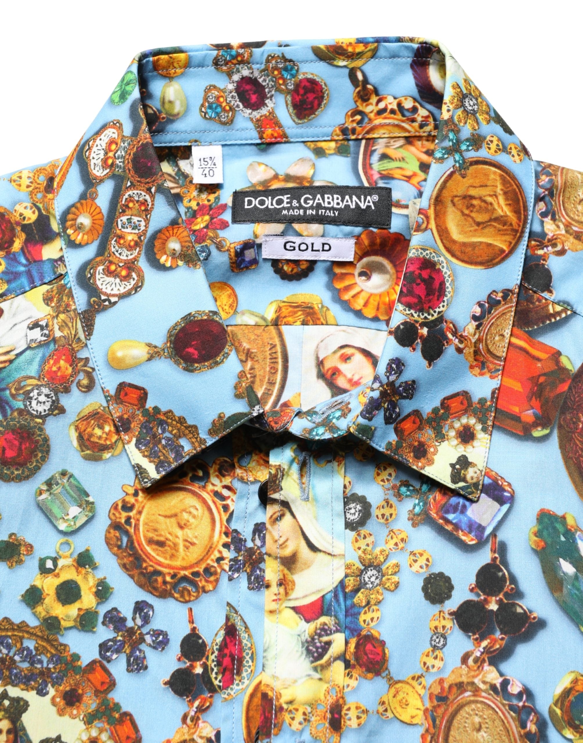 Dolce & Gabbana Blue Cotton Shirt with Jewel Print and GOLD Button Placket-7