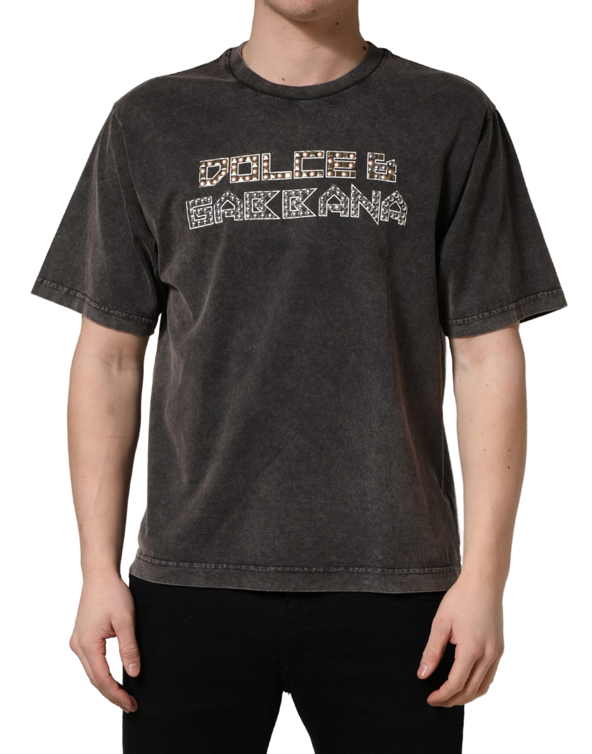 Dolce & Gabbana Graues Herren-T-Shirt mit Logo-Verzierung und Rundhalsausschnitt-2