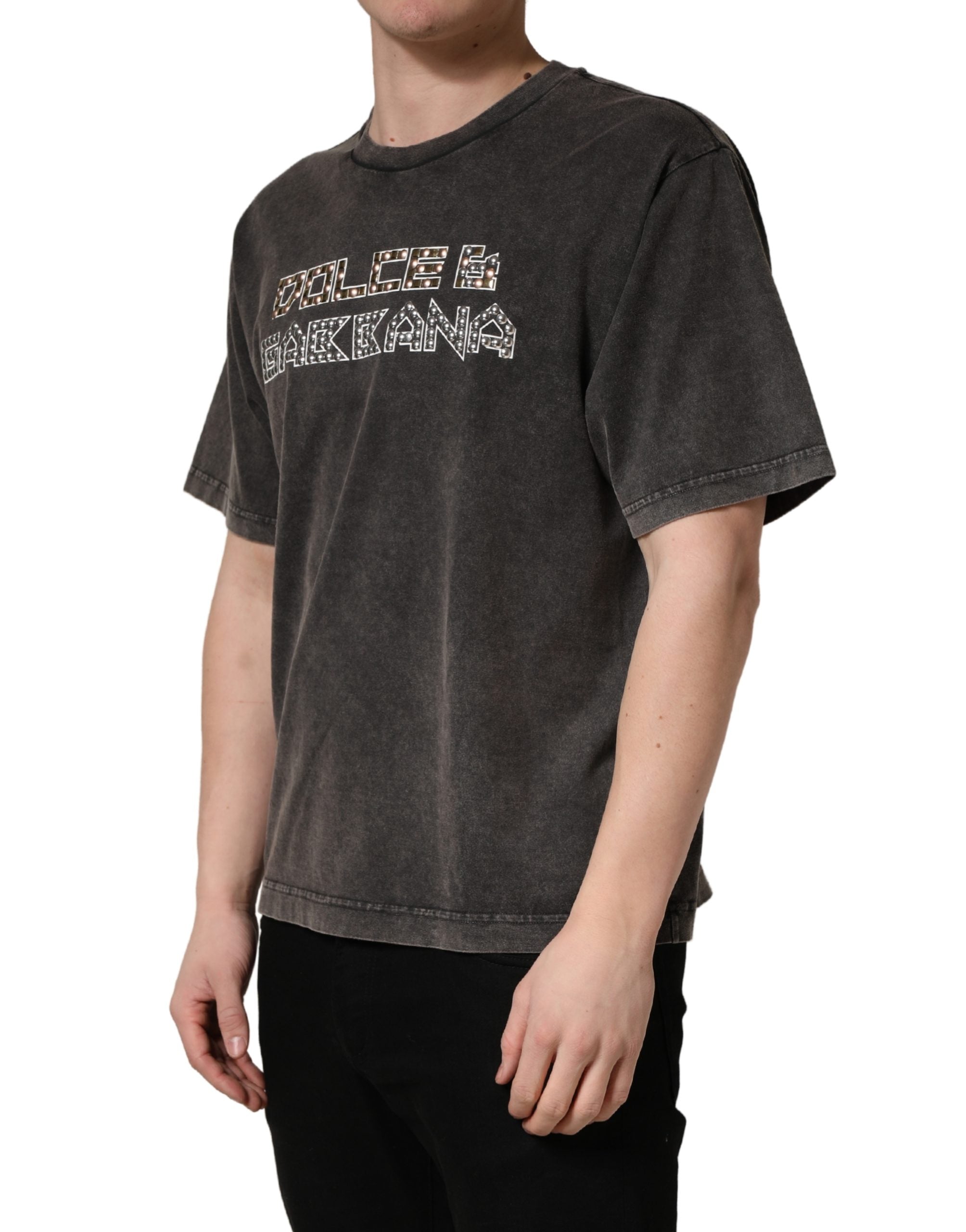 Dolce & Gabbana Graues Herren-T-Shirt mit Logo-Verzierung und Rundhalsausschnitt-3