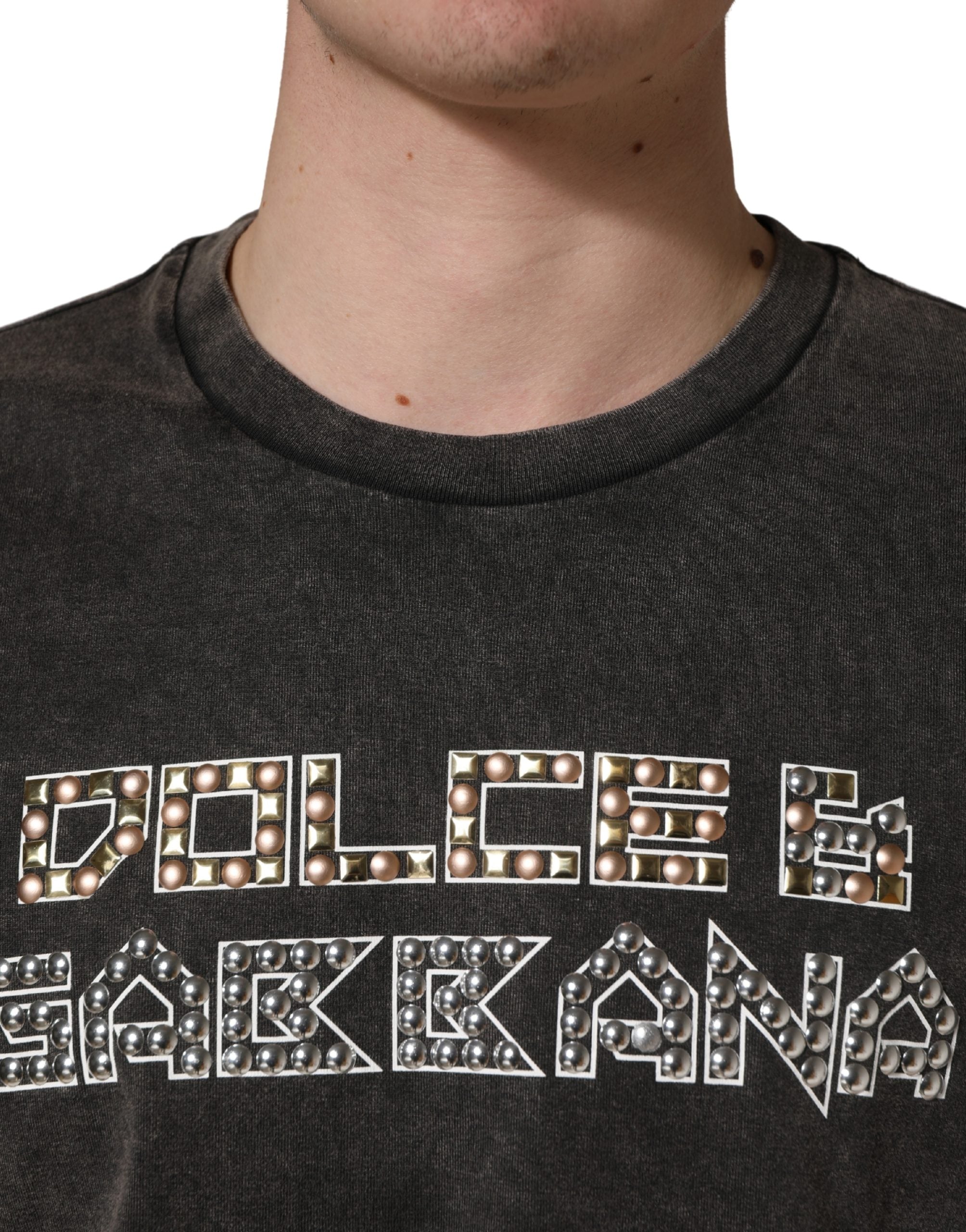 Dolce & Gabbana Graues Herren-T-Shirt mit Logo-Verzierung und Rundhalsausschnitt-5