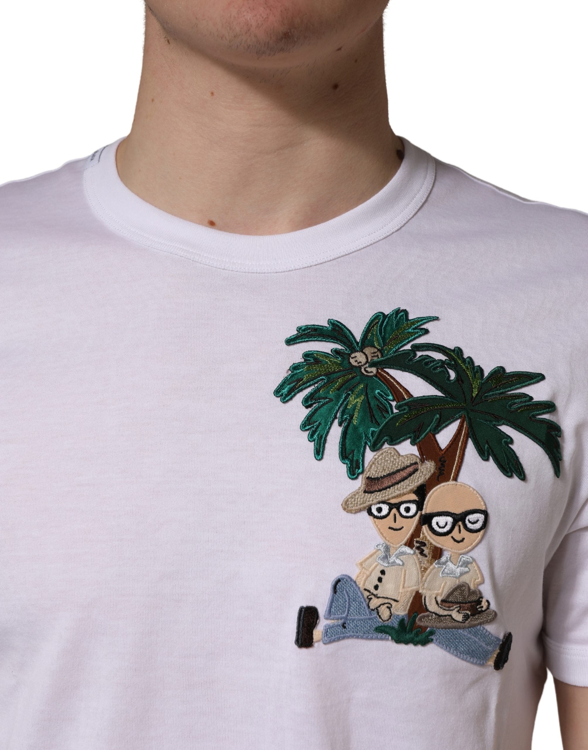 Dolce & Gabbana Men's White T-Shirt with Palm Embroidery and Crew Neck-5