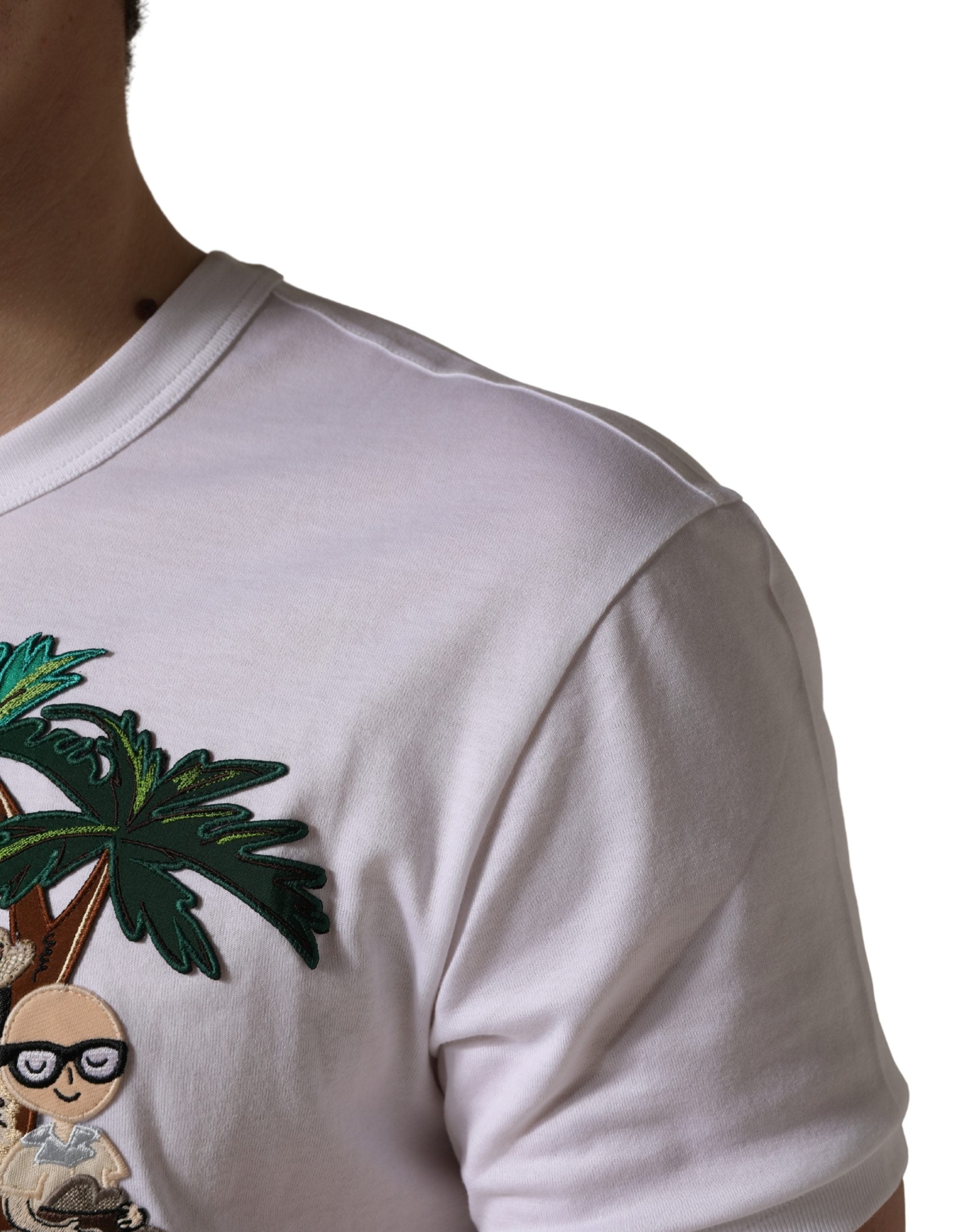 Dolce & Gabbana Men's White T-Shirt with Palm Embroidery and Crew Neck-6