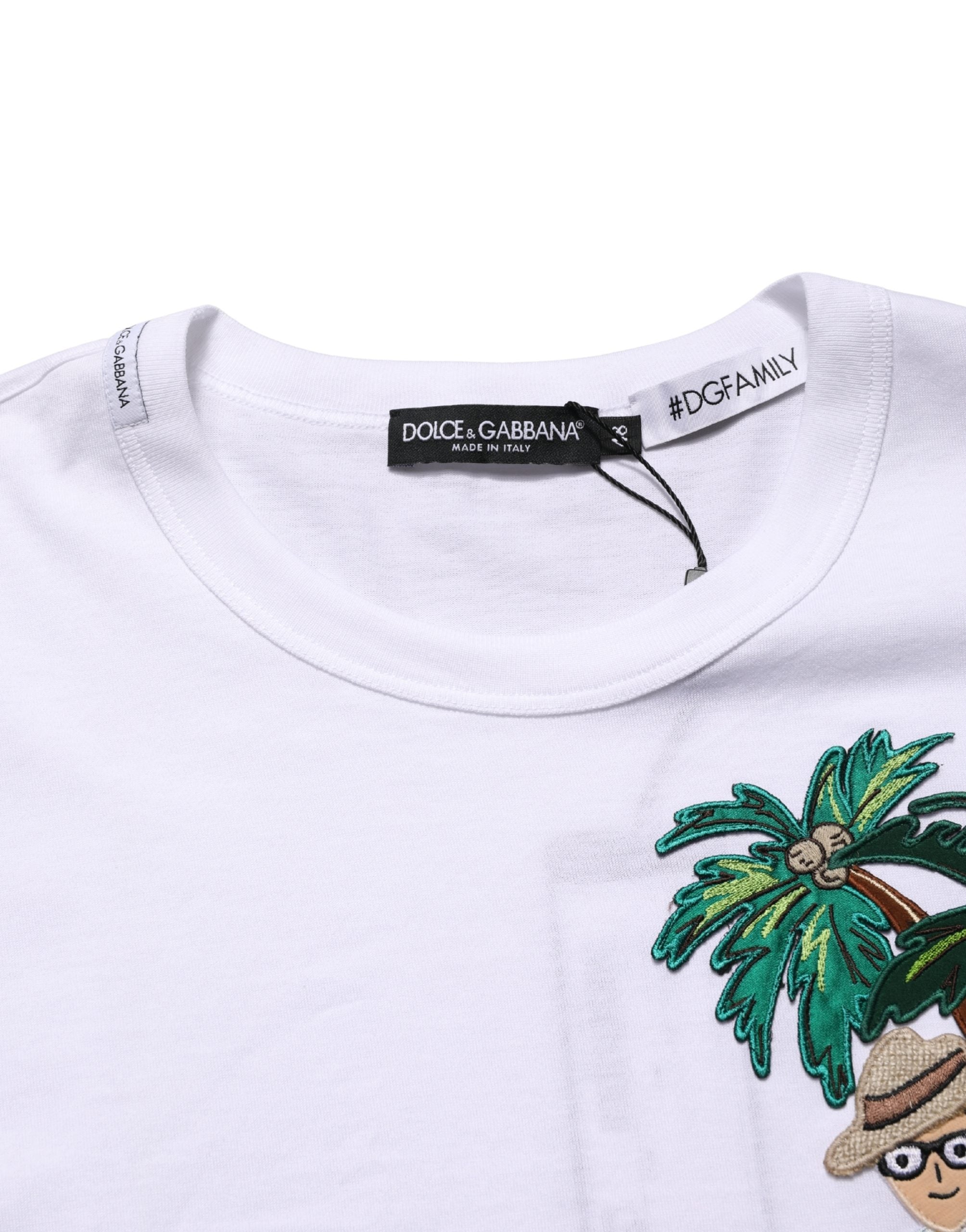 Dolce & Gabbana Men's White T-Shirt with Palm Embroidery and Crew Neck-7