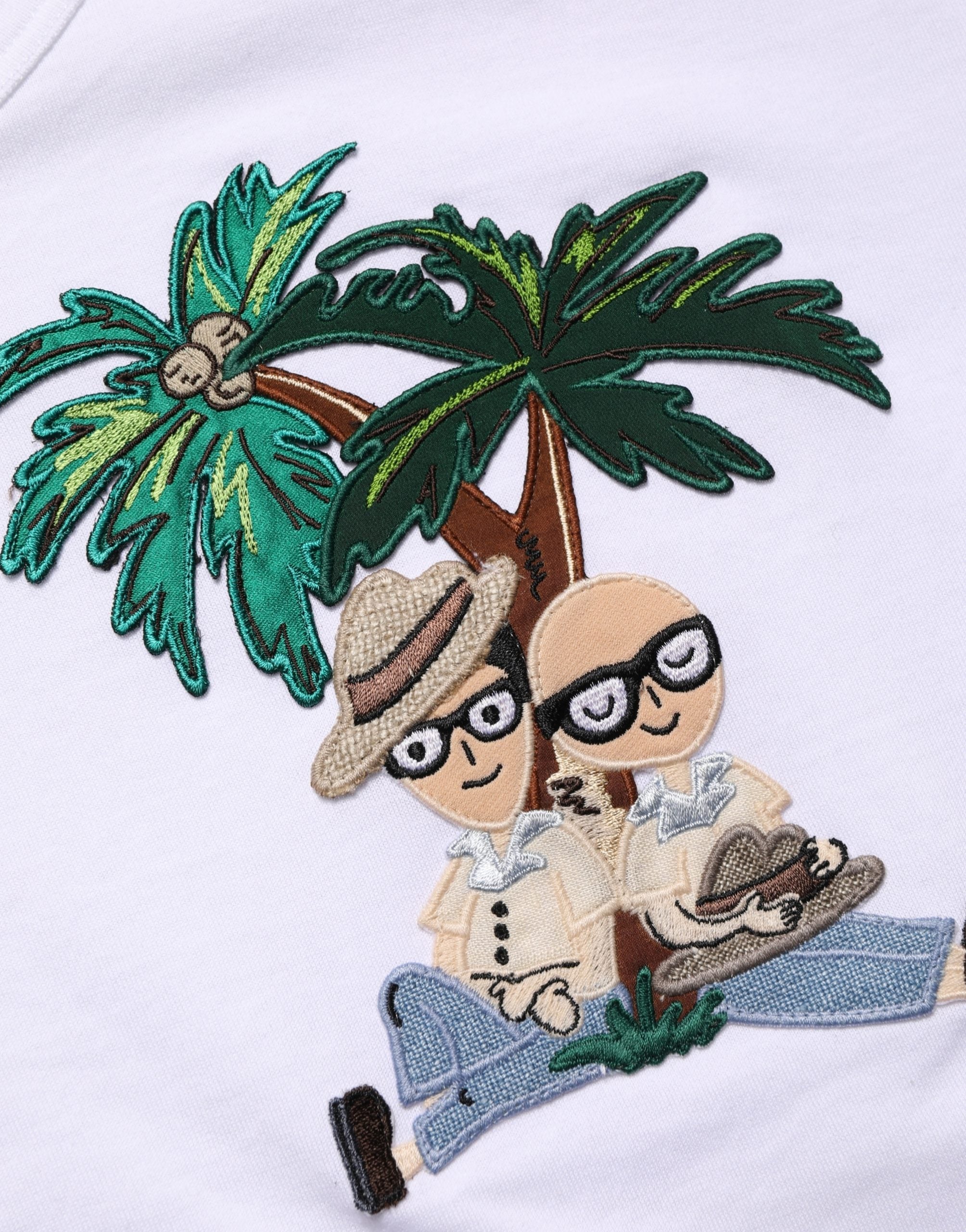Dolce & Gabbana Men's White T-Shirt with Palm Embroidery and Crew Neck-8