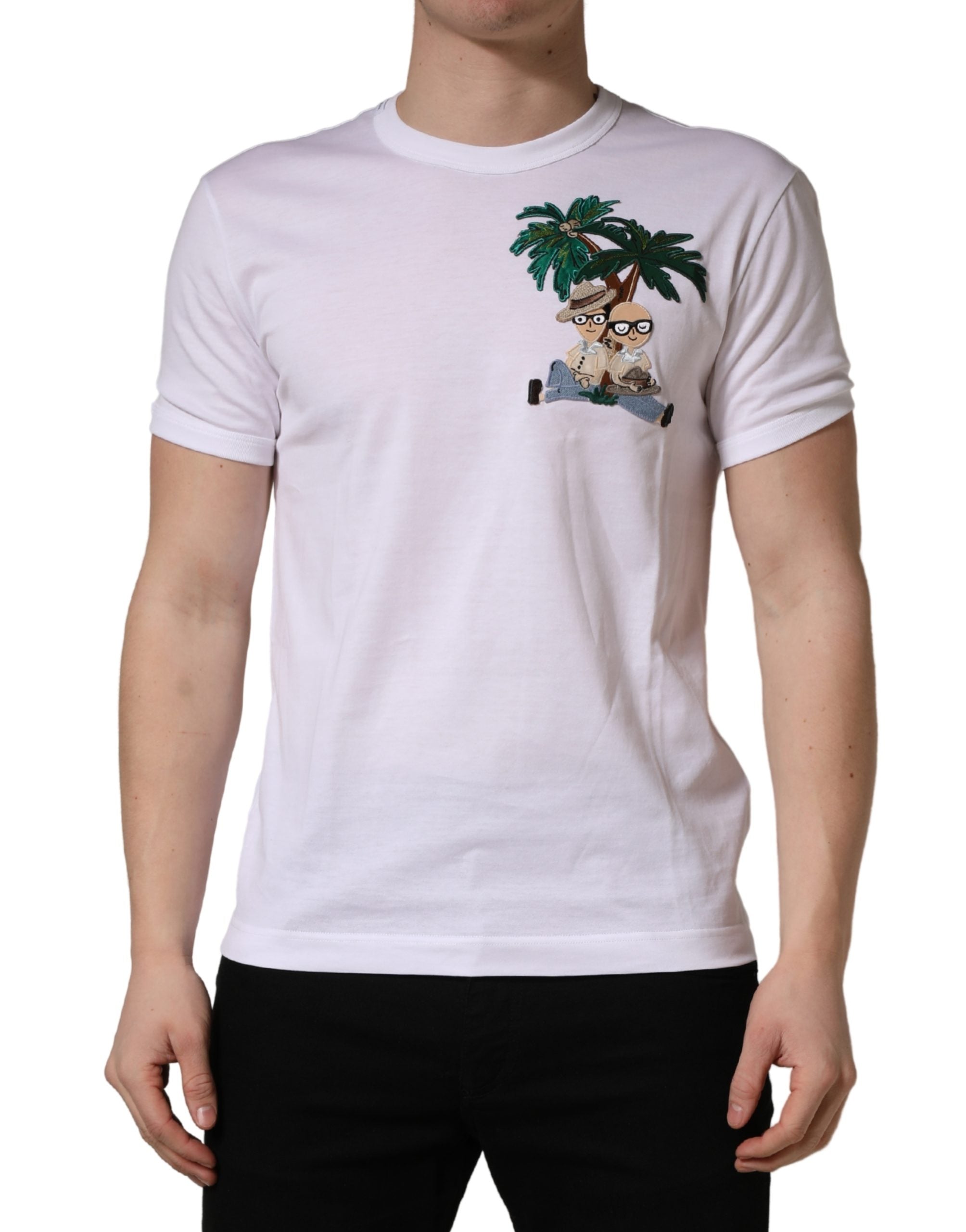 Dolce & Gabbana Men's White T-Shirt with Palm Embroidery and Crew Neck-2