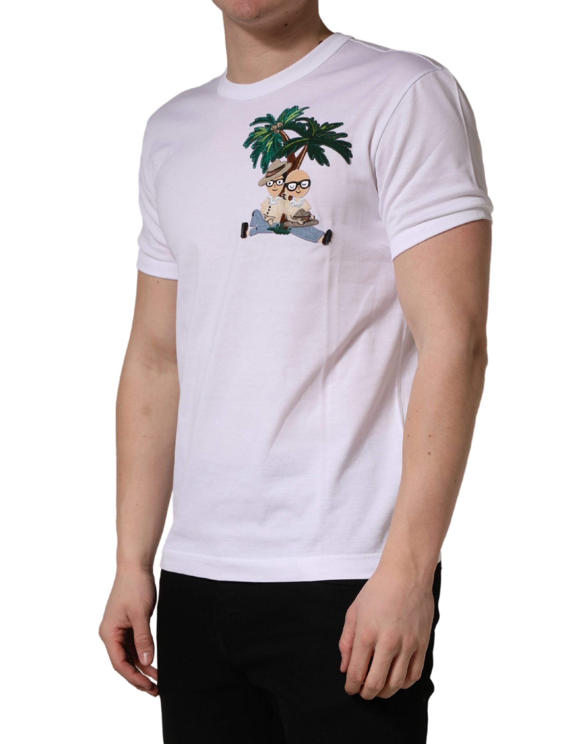 Dolce & Gabbana Men's White T-Shirt with Palm Embroidery and Crew Neck-3