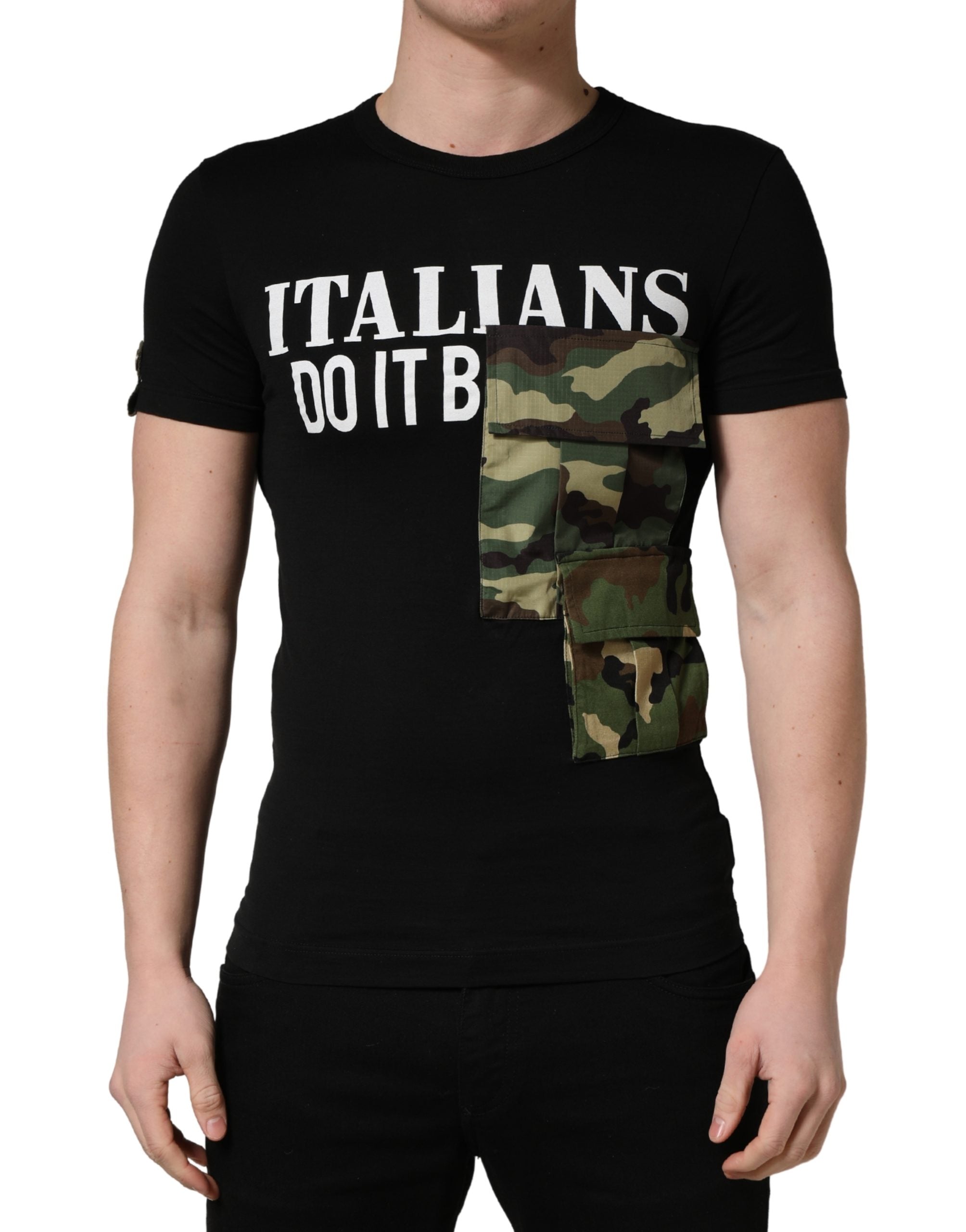 Dolce & Gabbana Schwarzes „Italians Do It Better Camo Pocket“ Herren T-Shirt