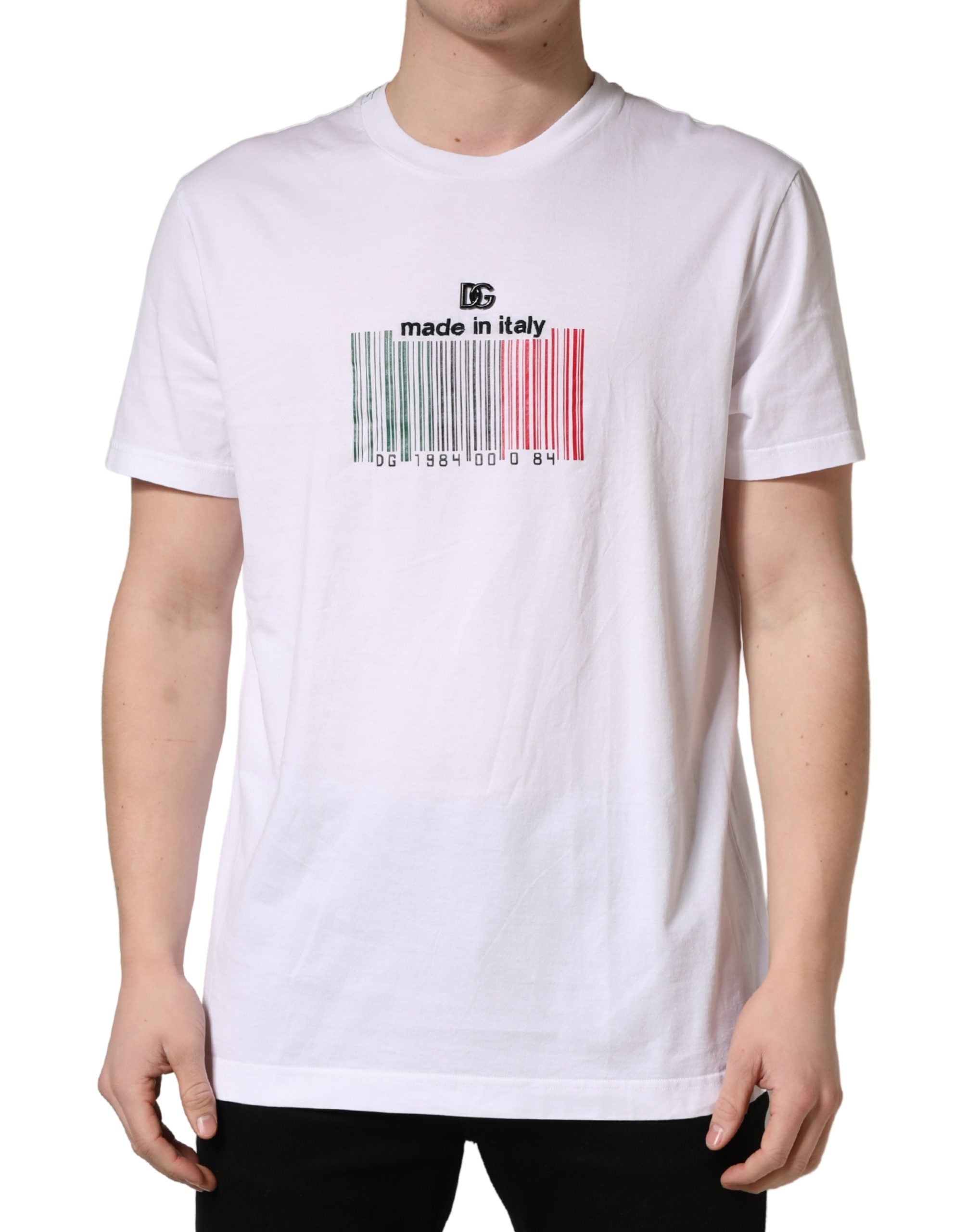 Dolce & Gabbana Weißes Barcode Baumwoll-T-Shirt mit Rundhalsausschnitt für Herren