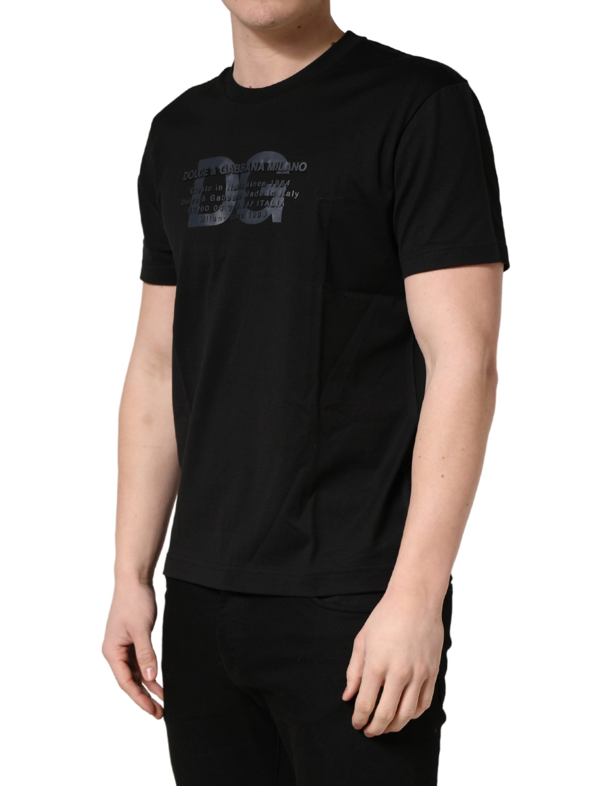 +39 MASQ Schwarzes Baumwoll-T-Shirt mit Rundhalsausschnitt und DG-Logo-Print-3