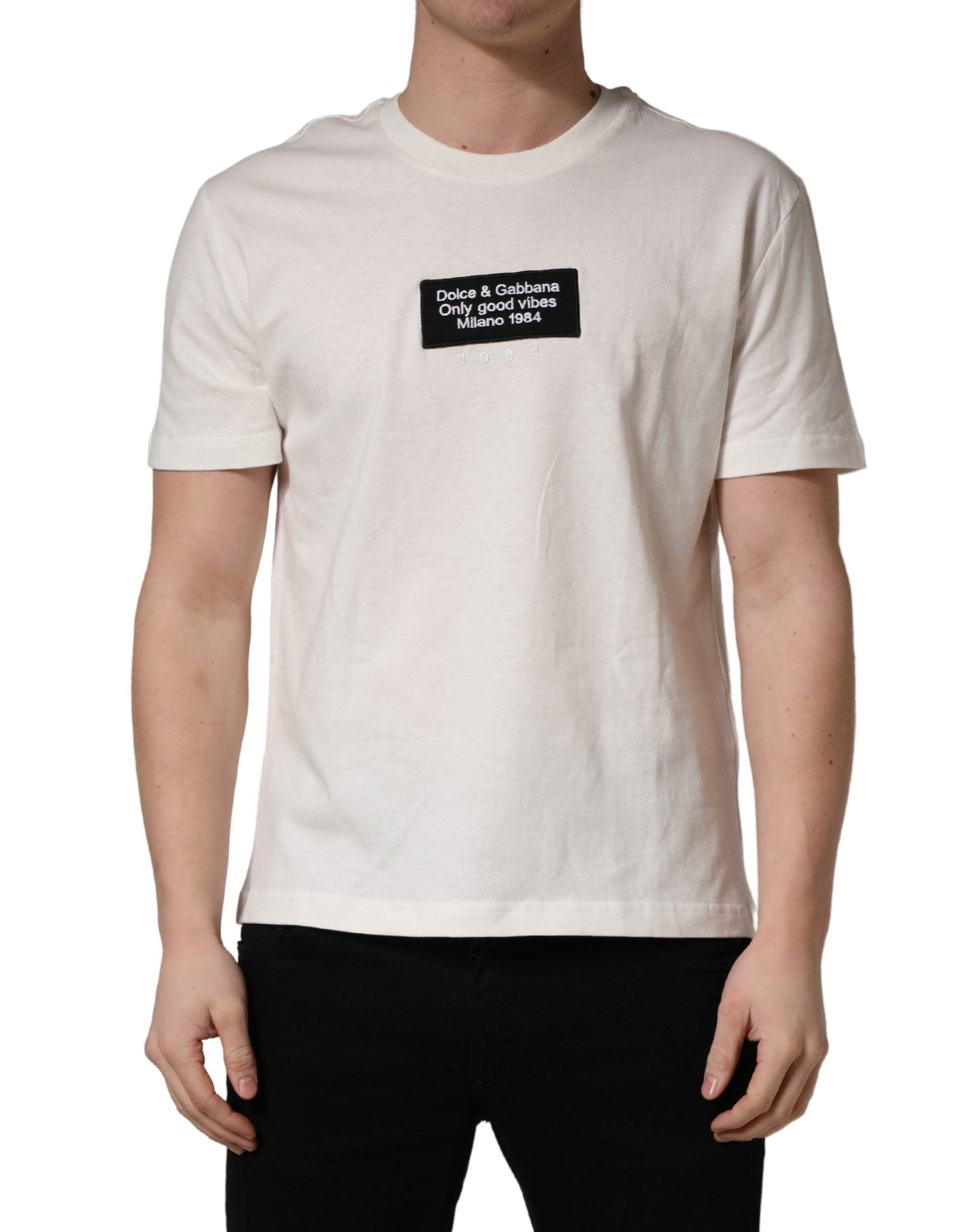 Dolce & Gabbana Weißes Baumwoll-T-Shirt mit Logo-Patch für Herren, Rundhalsausschnitt-2