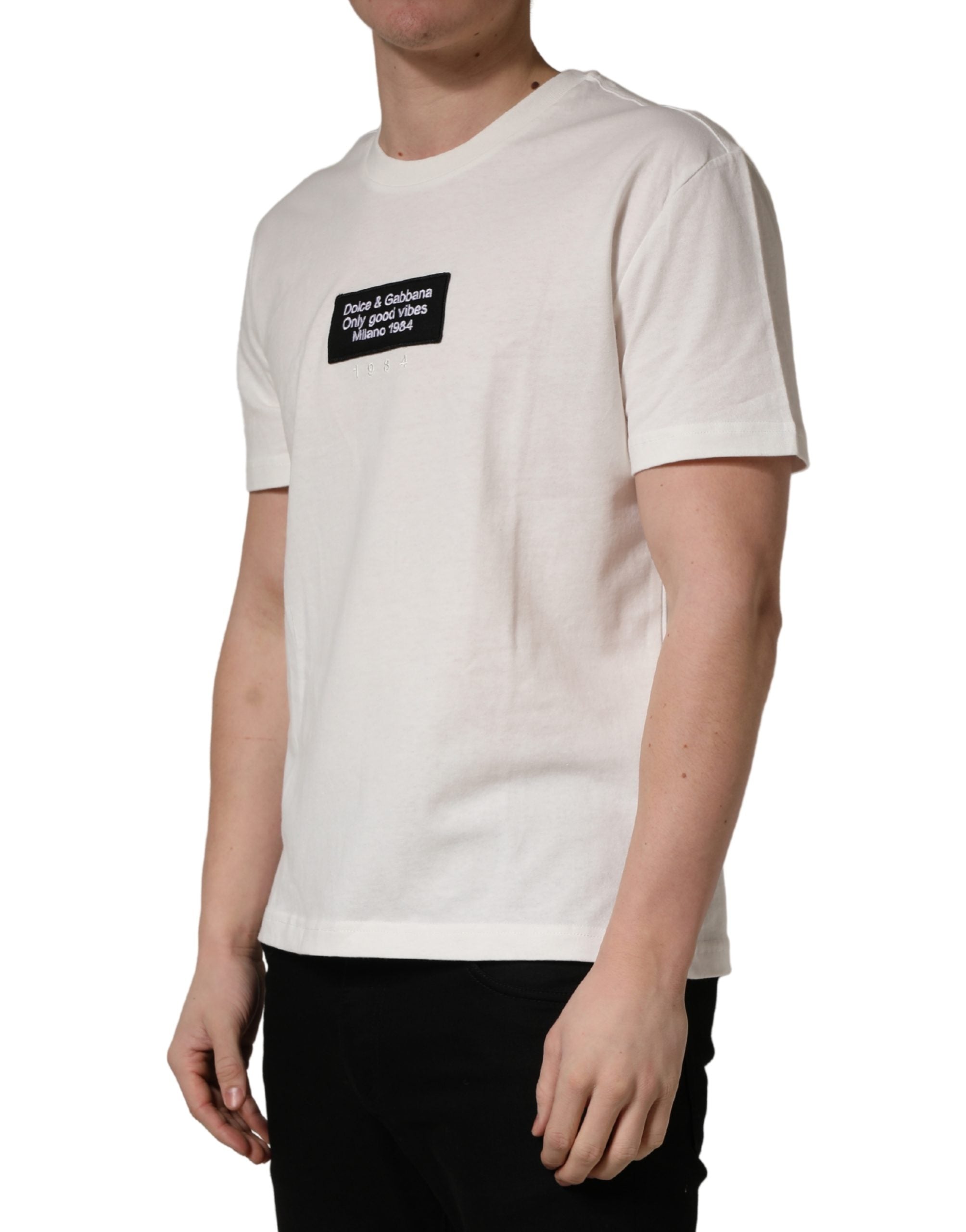 Dolce & Gabbana Weißes Baumwoll-T-Shirt mit Logo-Patch für Herren, Rundhalsausschnitt-3