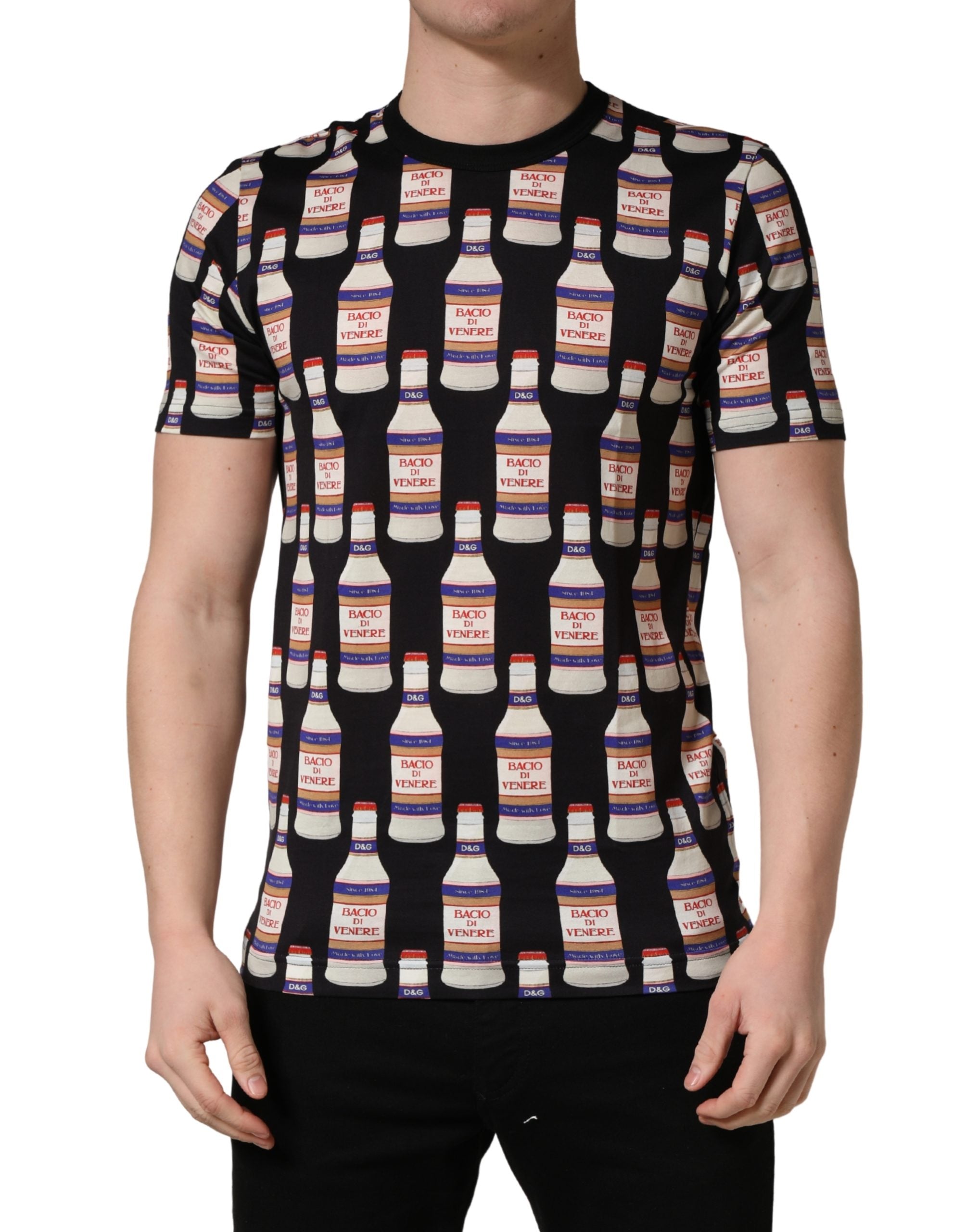 Dolce & Gabbana Schwarzes T-Shirt aus Baumwolle mit Rundhalsausschnitt und Flaschen-Print-2