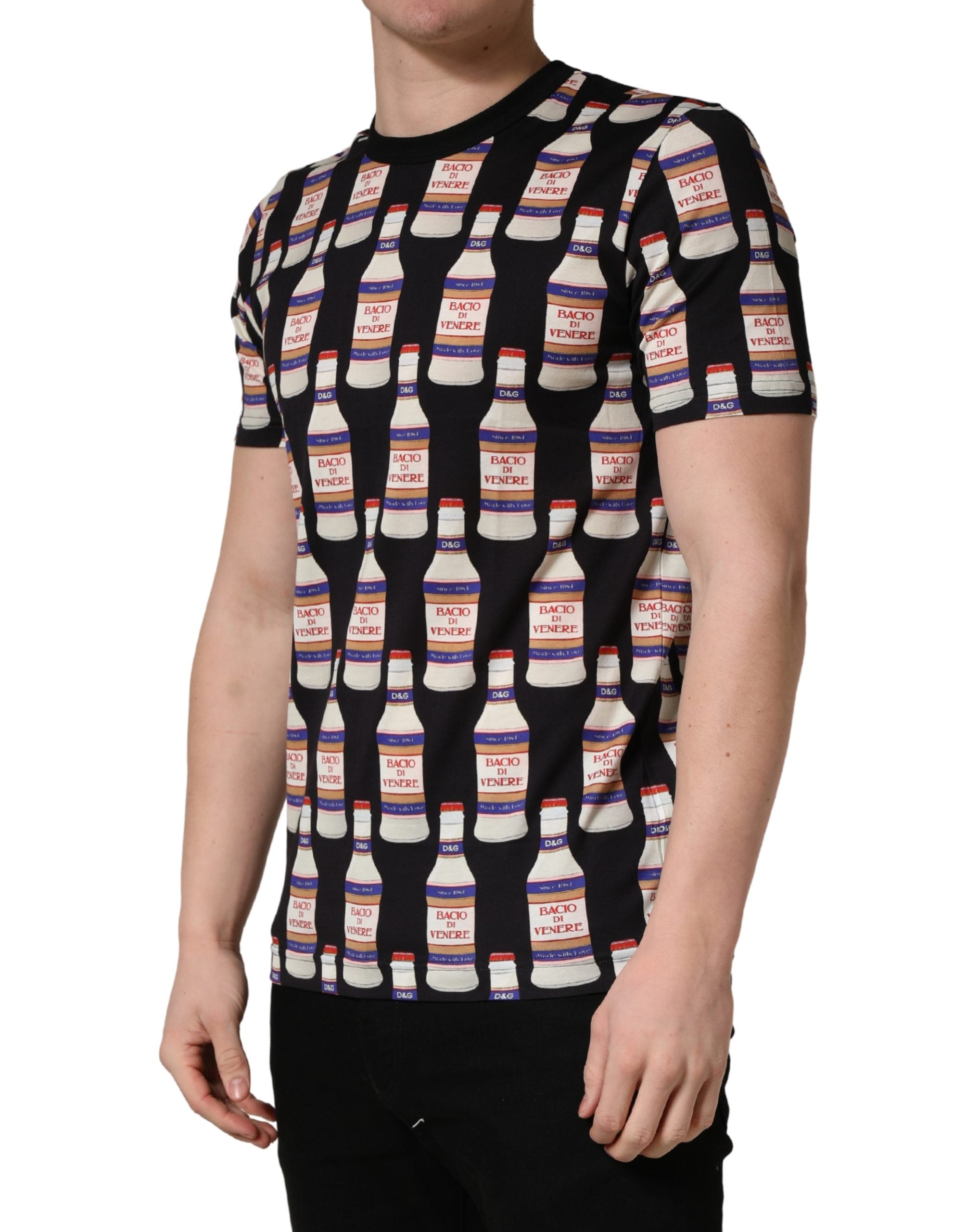 Dolce & Gabbana Schwarzes T-Shirt aus Baumwolle mit Rundhalsausschnitt und Flaschen-Print-3