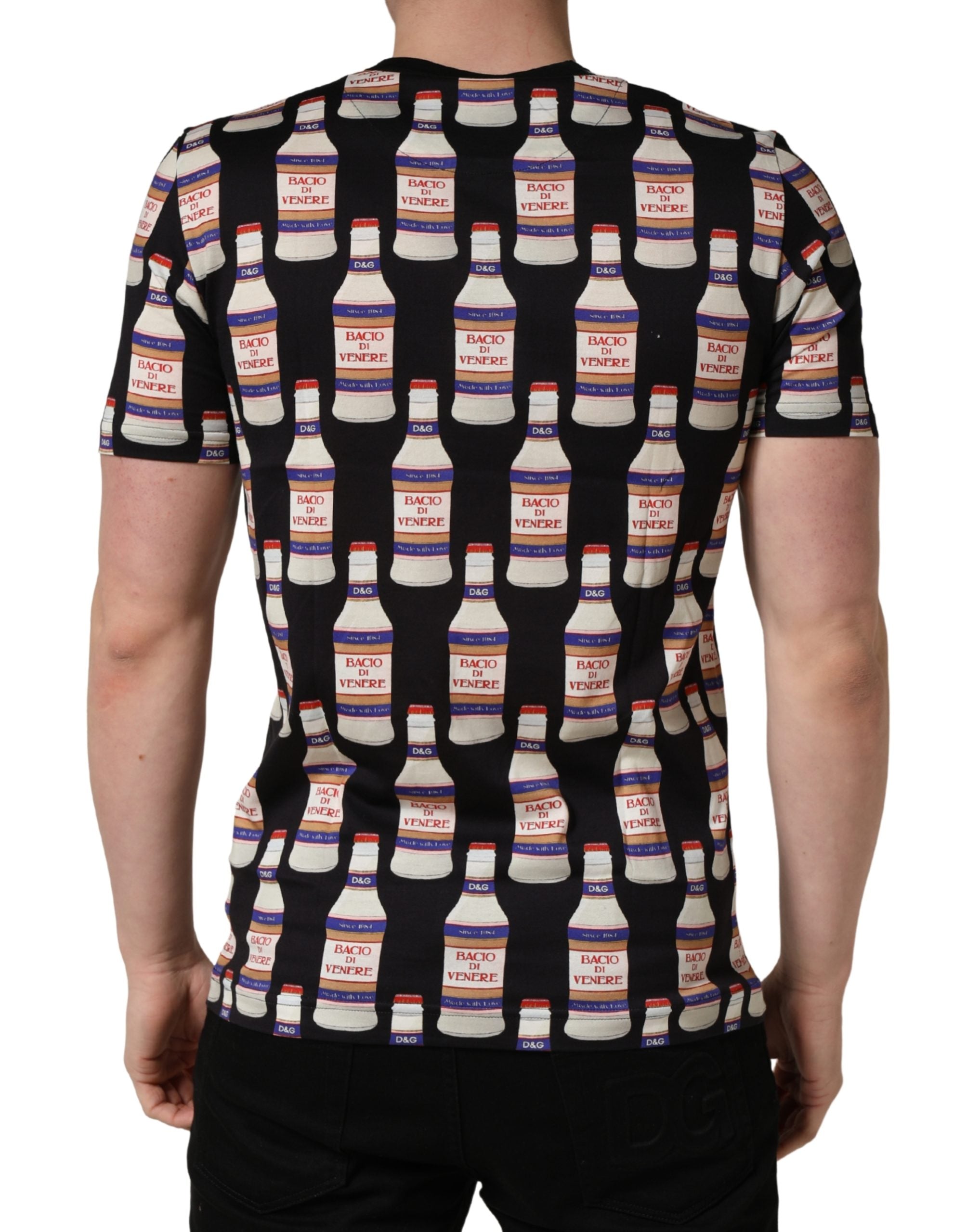 Dolce & Gabbana Schwarzes T-Shirt aus Baumwolle mit Rundhalsausschnitt und Flaschen-Print-4