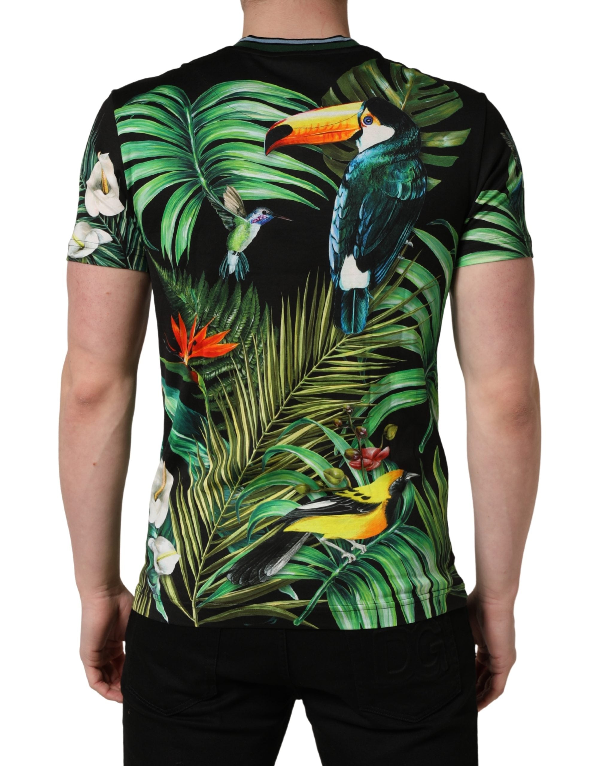 Dolce & Gabbana black men's T-shirt with bird print, made of cotton and with a round neck-4
