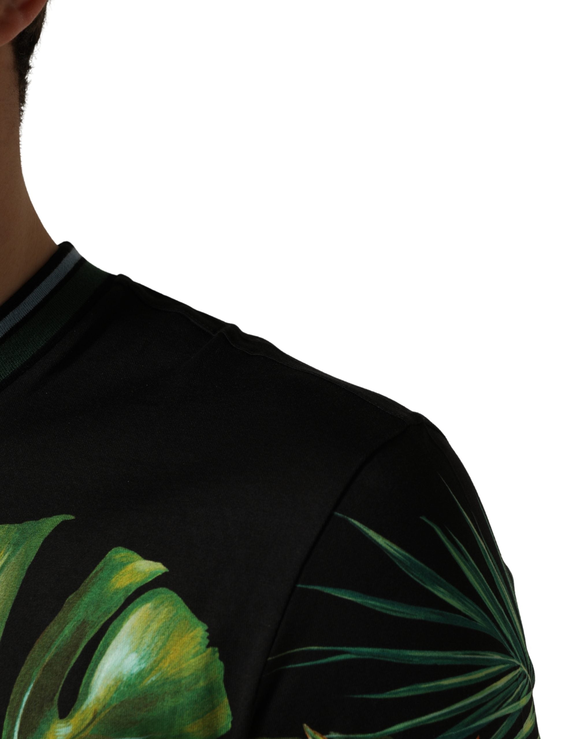 Dolce & Gabbana black men's T-shirt with bird print, made of cotton and with a round neck-6