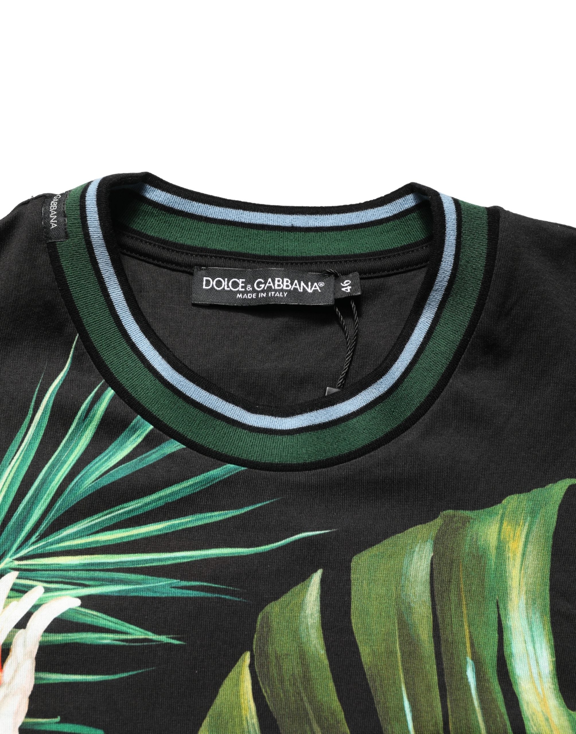 Dolce & Gabbana black men's T-shirt with bird print, made of cotton and with a round neck-7