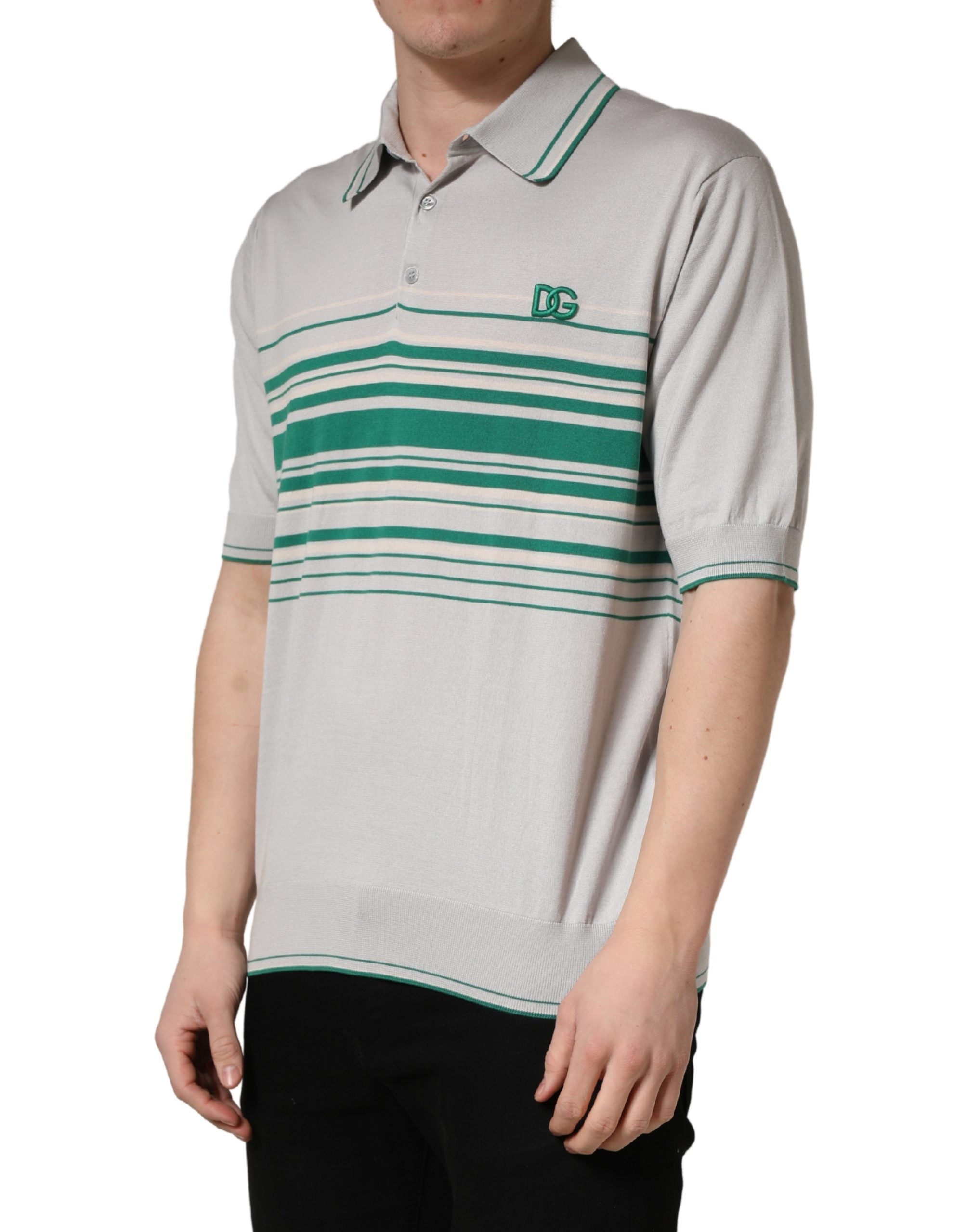 Dolce & Gabbana Grau-grün gestreiftes Logo-Polo-Shirt aus Seide-3