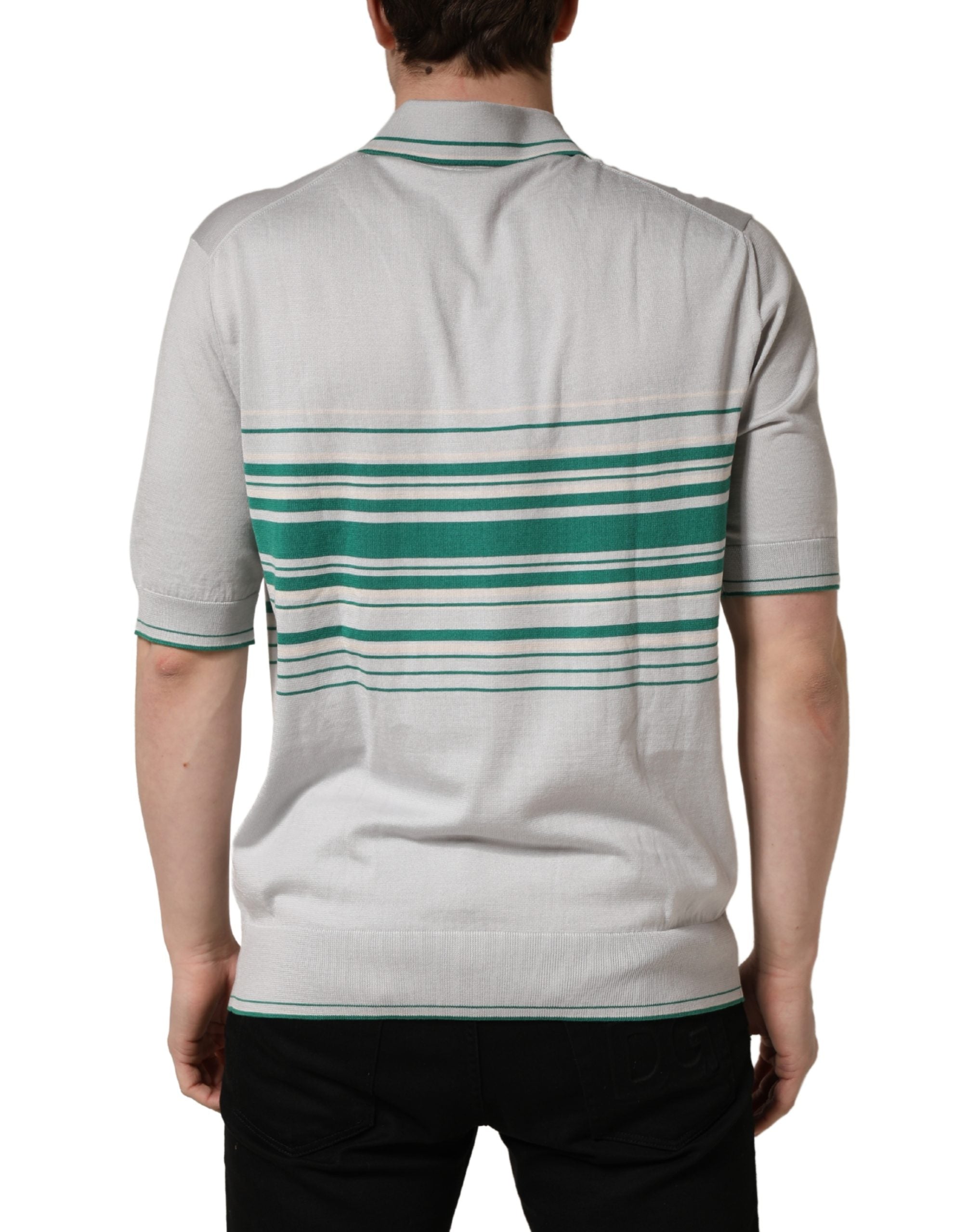 Dolce & Gabbana Grau-grün gestreiftes Logo-Polo-Shirt aus Seide-4