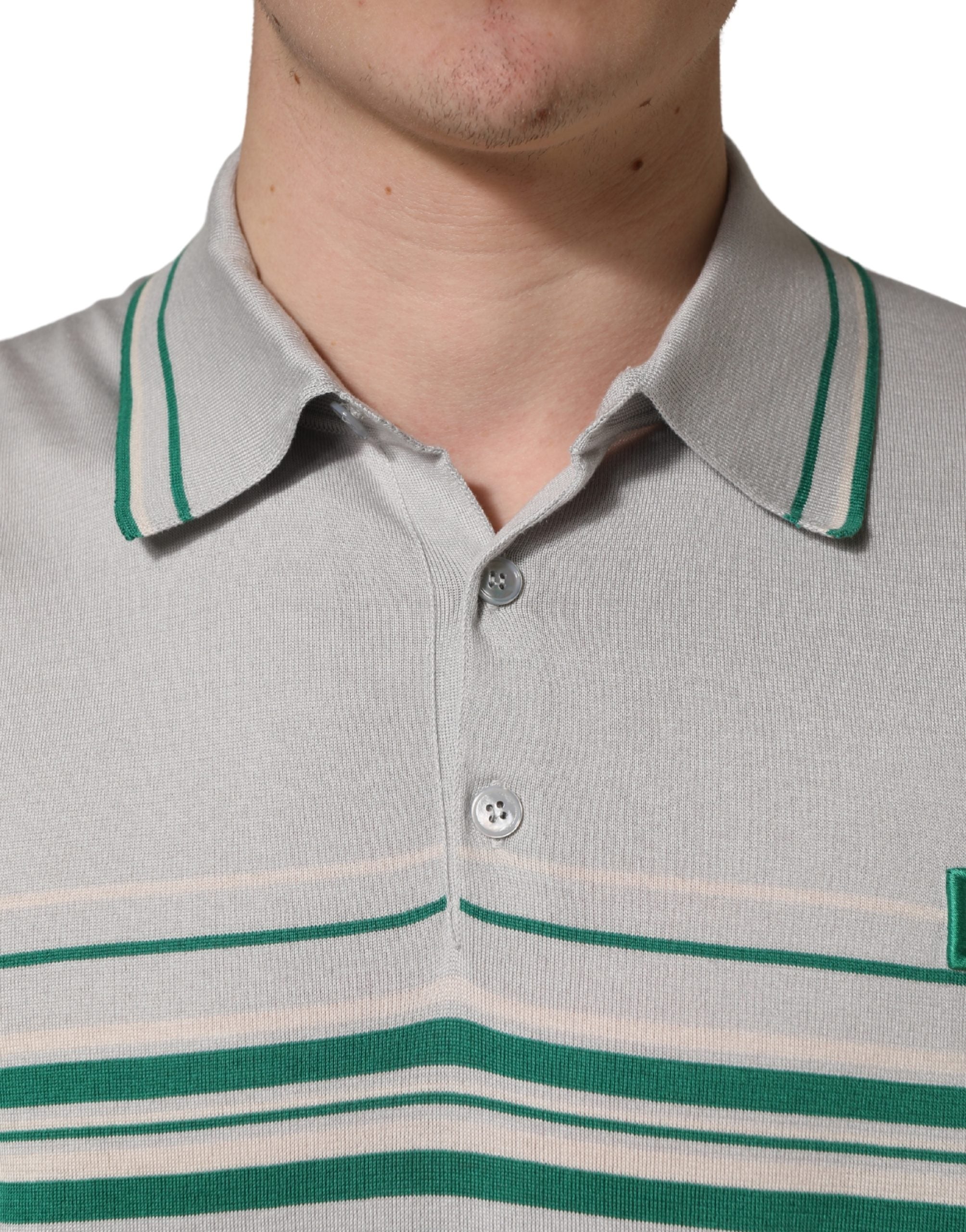 Dolce & Gabbana Grau-grün gestreiftes Logo-Polo-Shirt aus Seide-5