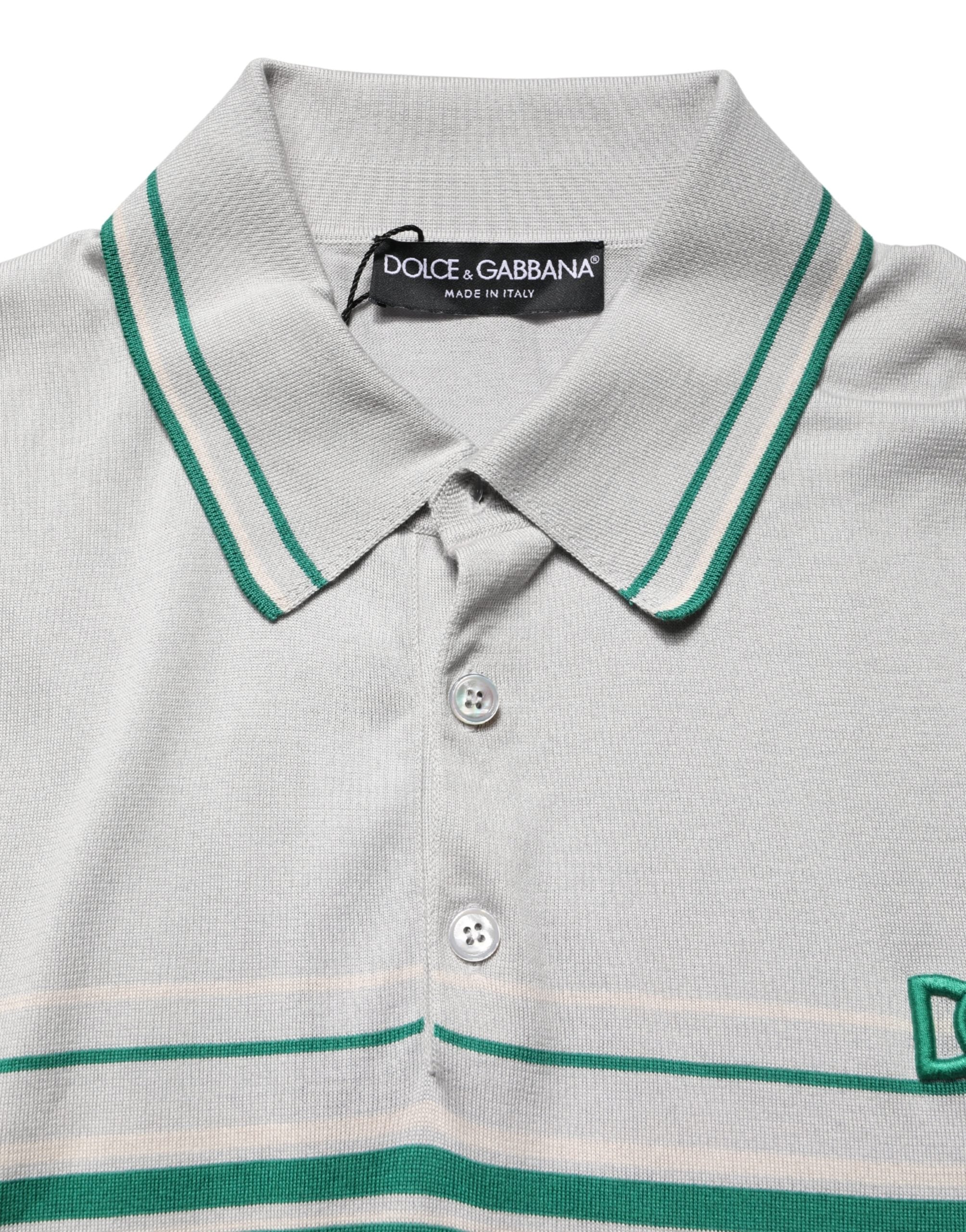 Dolce & Gabbana Grau-grün gestreiftes Logo-Polo-Shirt aus Seide-7