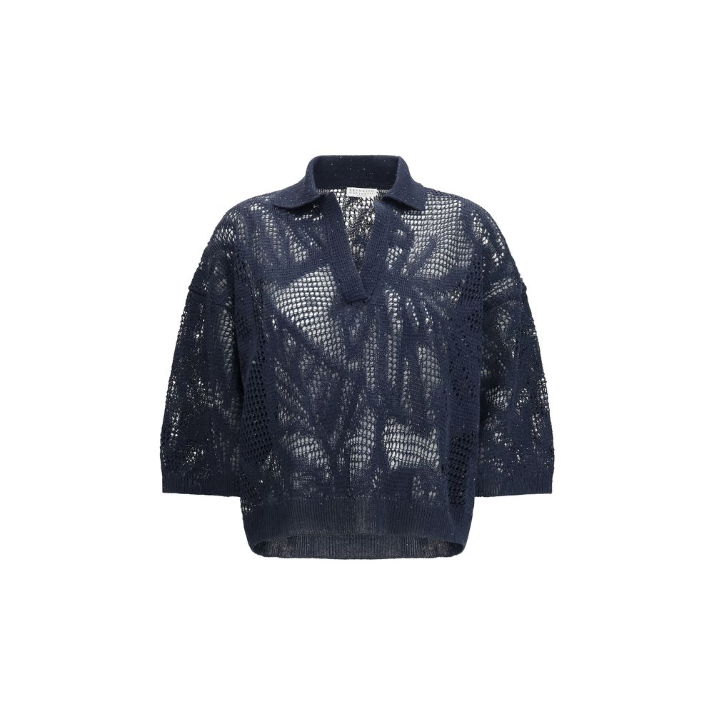 Brunello Cucinelli Blaues Poloshirt aus Leinen