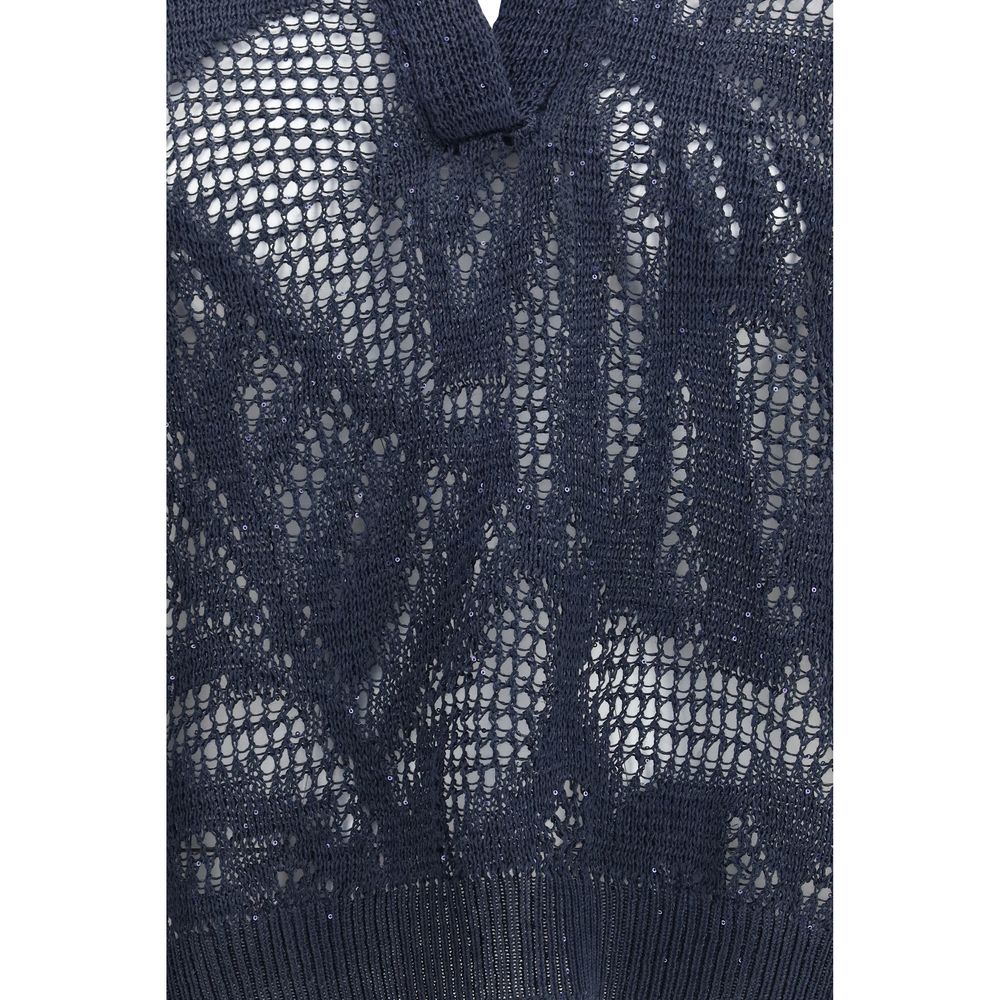 Brunello Cucinelli Blaues Poloshirt aus Leinen-3