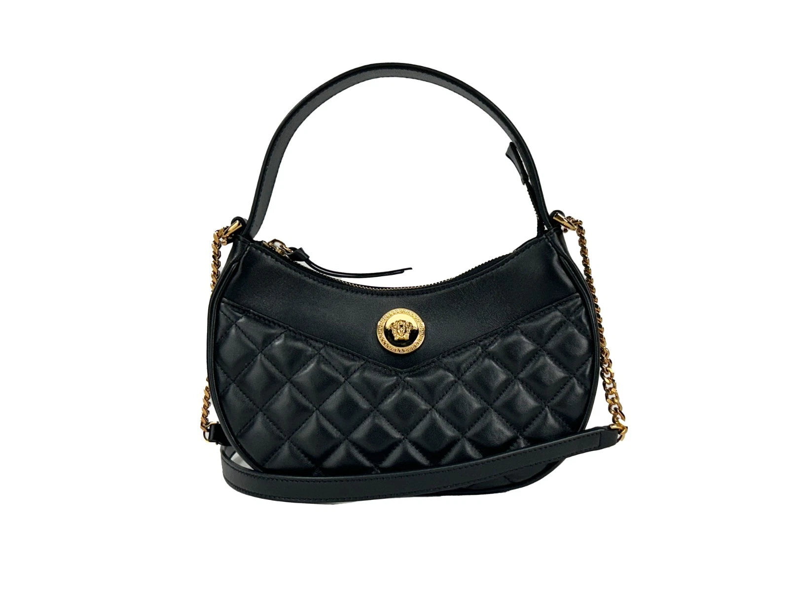 Versace Quilted Black Leather Half-Moon Shoulder Bag with Chain