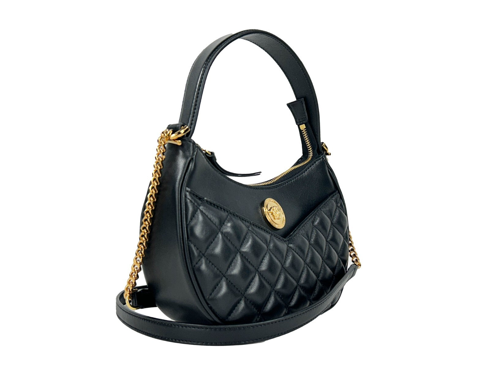 Versace Quilted Black Leather Half-Moon Shoulder Bag with Chain-2