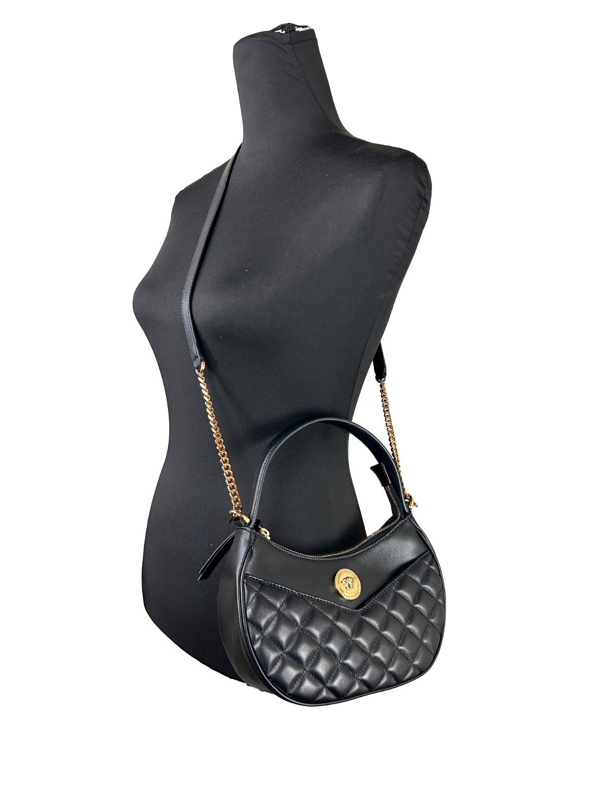 Versace Quilted Black Leather Half-Moon Shoulder Bag with Chain-4