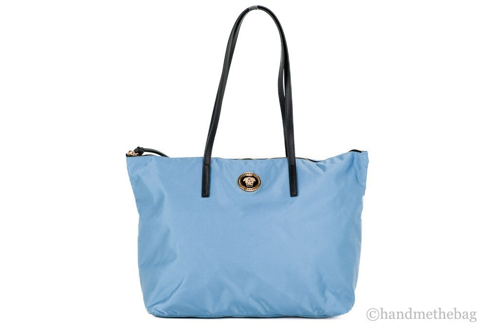 Versace Portuna Medusa Medium Top Handle Bag Cornflower Blue Nylon Leather
