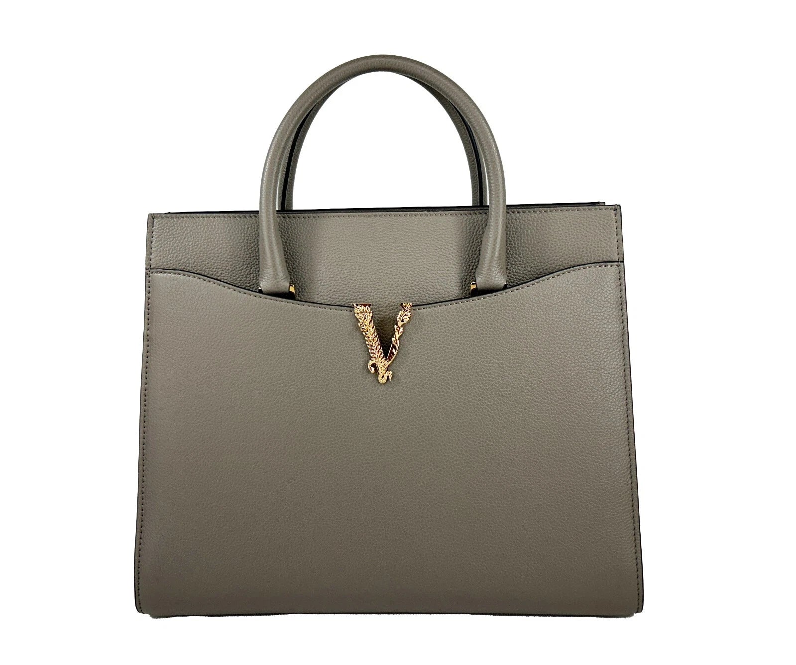 Versace Virtus Large Leather Top Handle Bag Tote Gray