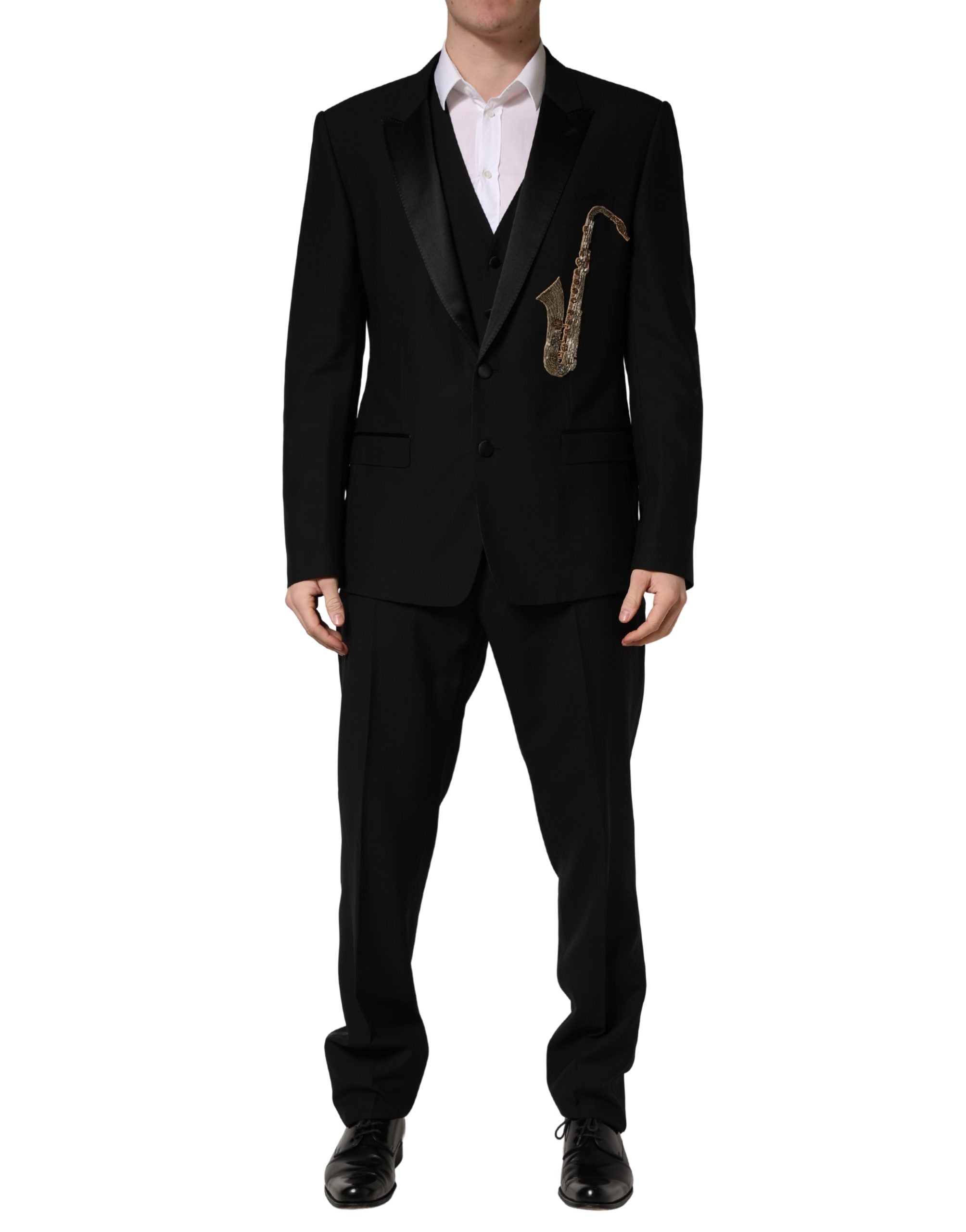 Dolce & Gabbana Schwarzer Wollseide Saxophon Slim Fit 3-teiliger Anzug-1
