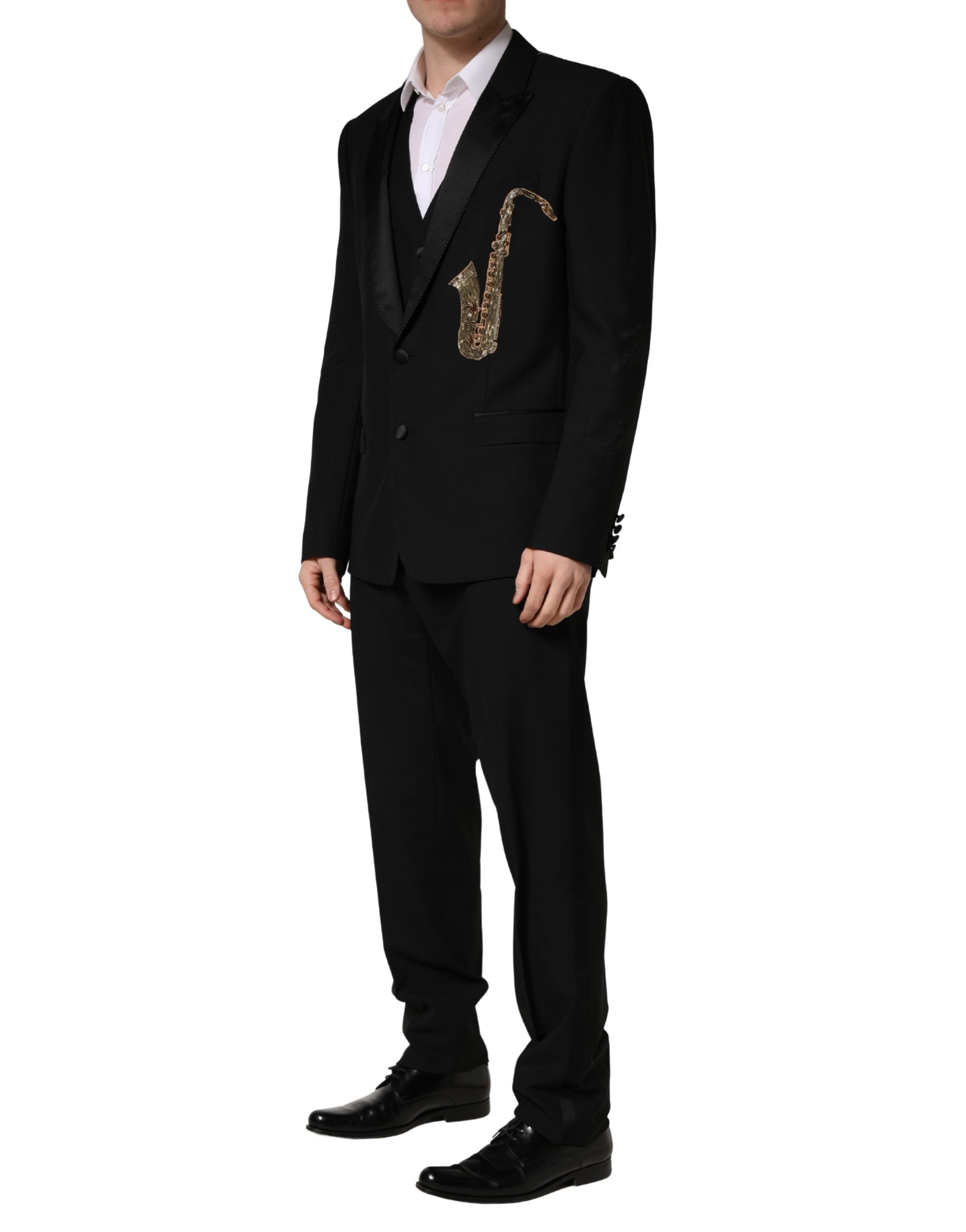 Dolce & Gabbana Schwarzer Wollseide Saxophon Slim Fit 3-teiliger Anzug-3