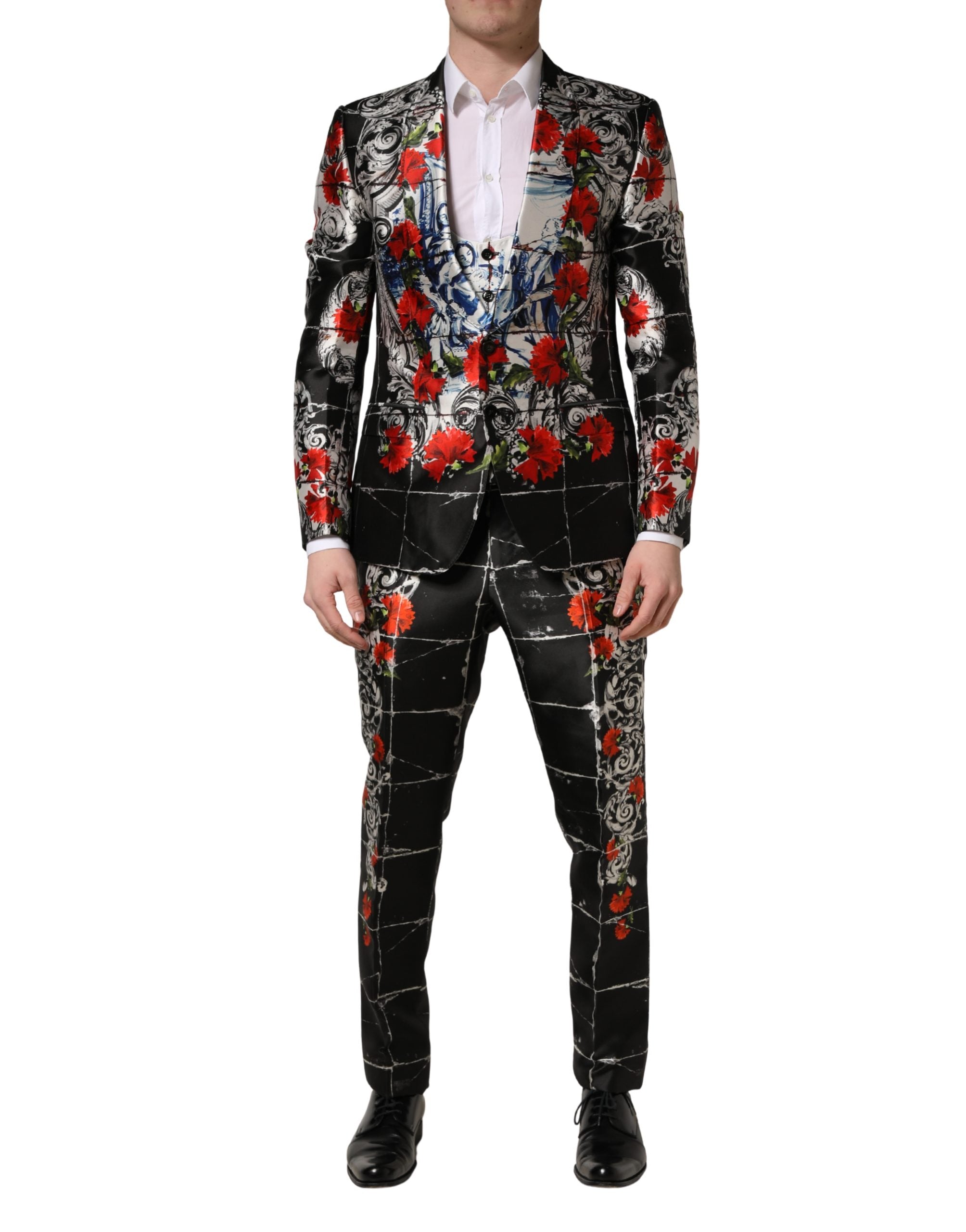 Dolce & Gabbana Schwarzer 3-teiliger Anzug mit 2 Knöpfen und Blumenmuster-2