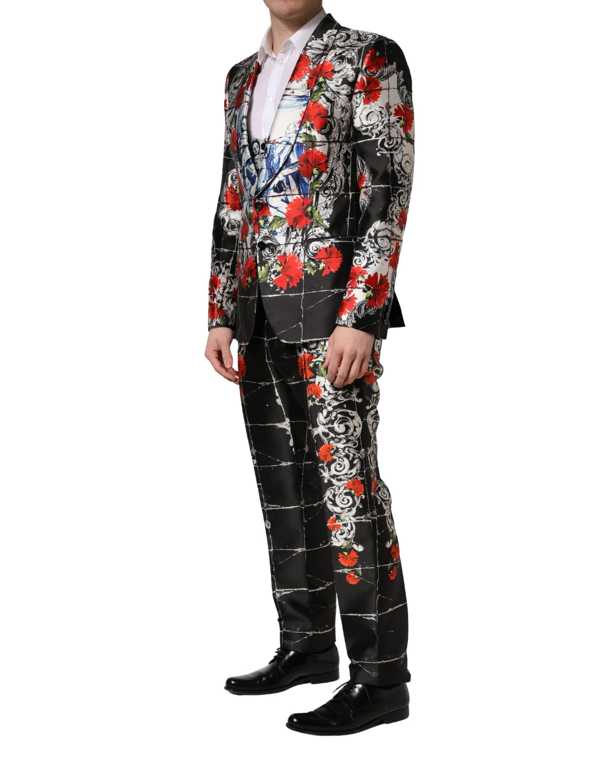 Dolce & Gabbana Schwarzer 3-teiliger Anzug mit 2 Knöpfen und Blumenmuster-3