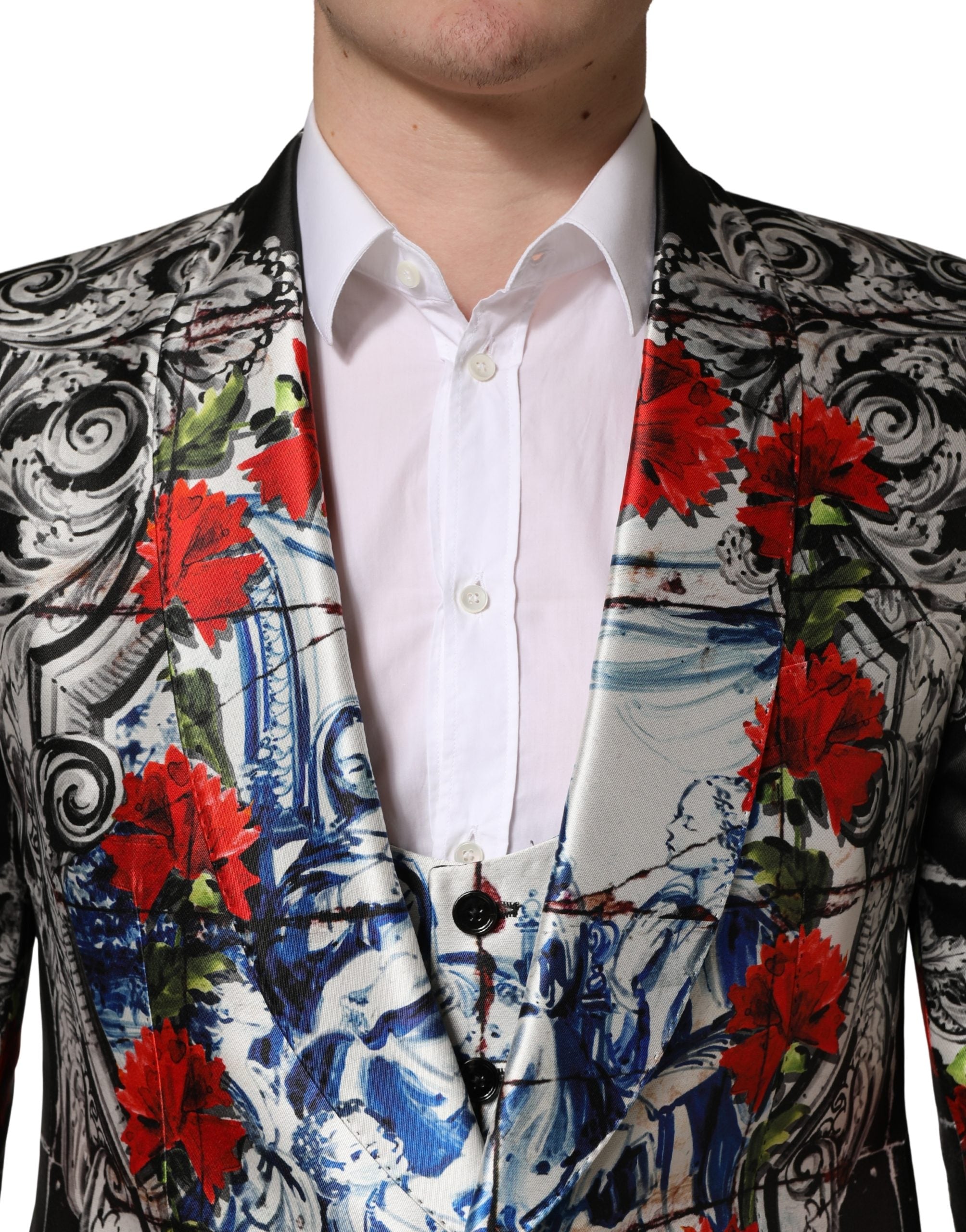 Dolce & Gabbana Schwarzer 3-teiliger Anzug mit 2 Knöpfen und Blumenmuster-5