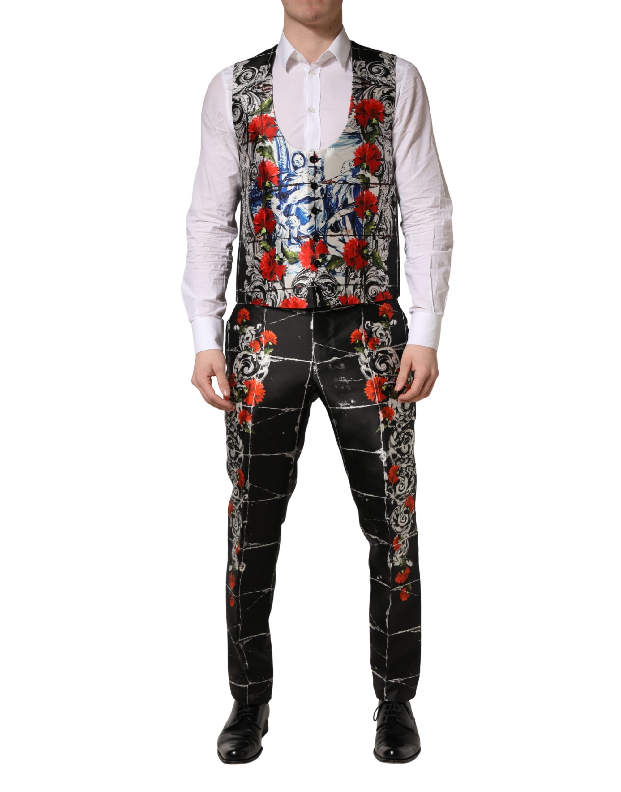 Dolce & Gabbana Schwarzer 3-teiliger Anzug mit 2 Knöpfen und Blumenmuster-7