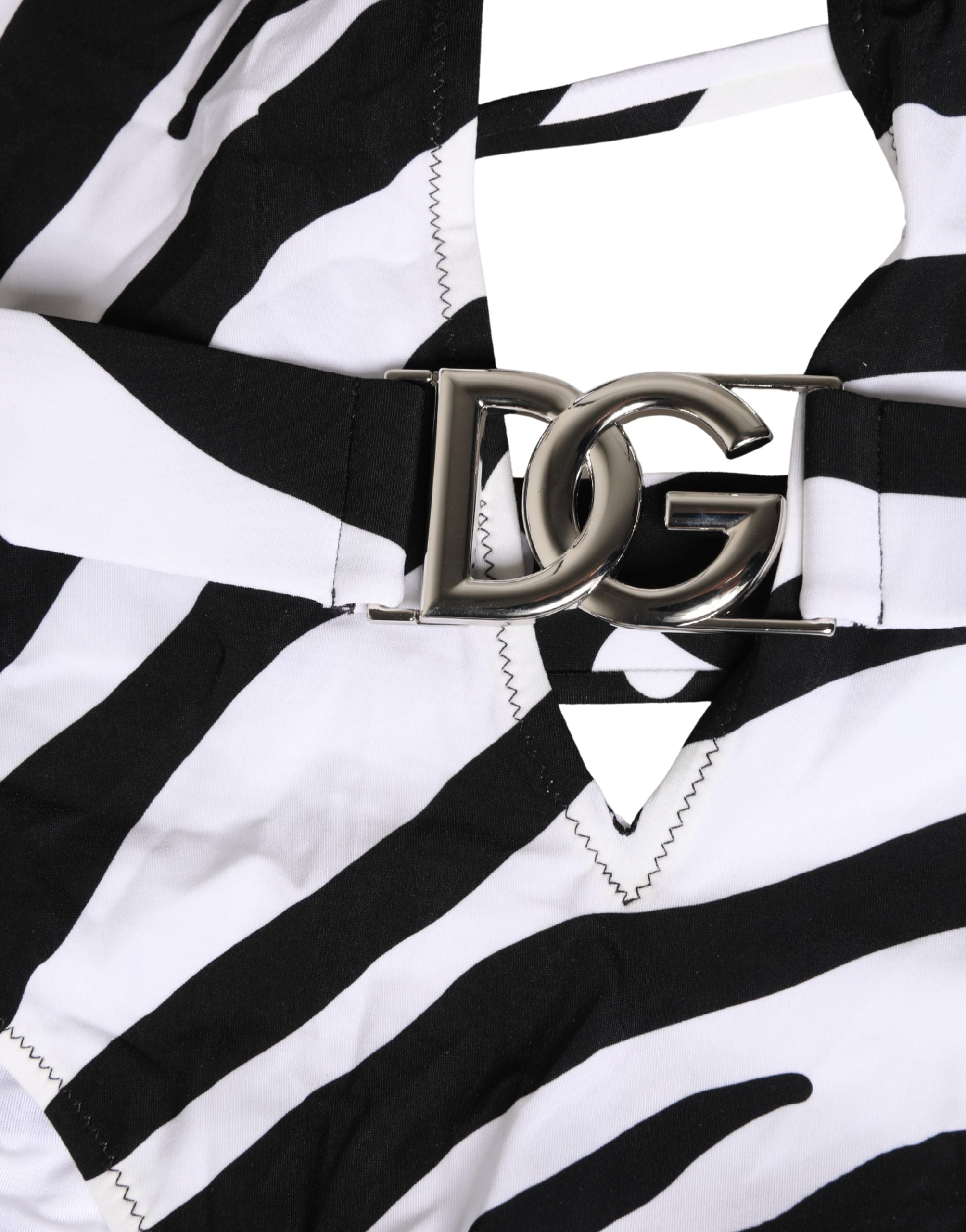 Dolce & Gabbana Schwarz-weißer Zebra-Badeanzug mit tiefem V-Ausschnitt-4