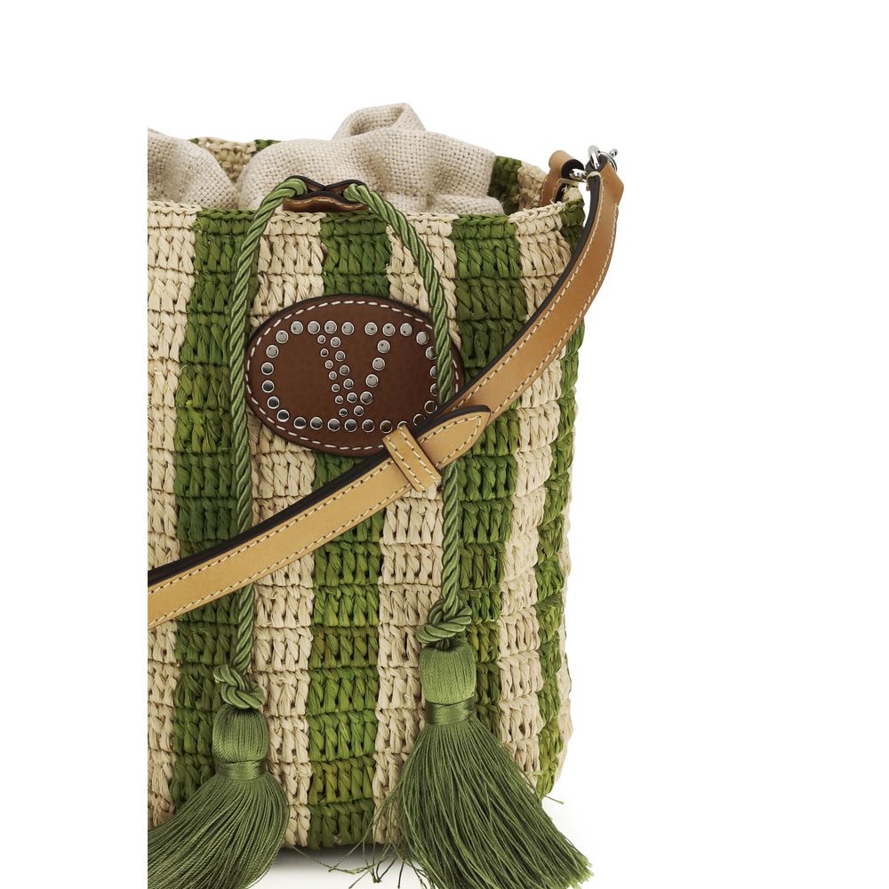 Valentino Garavani Zweifarbige Raffia-Eimer-Tasche-4