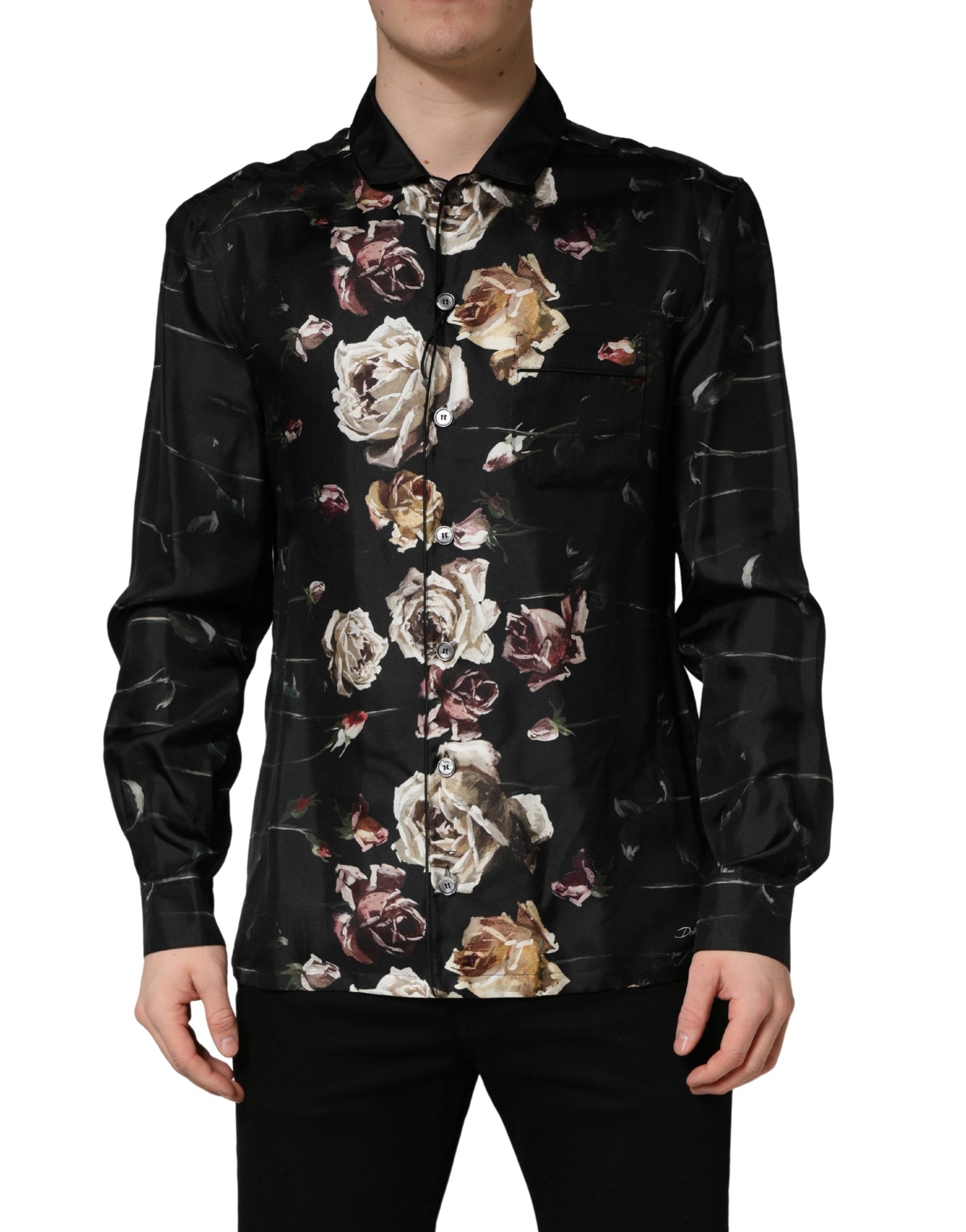 Dolce & Gabbana Schwarzes Freizeithemd mit Blumenprint und langen Ärmeln-3