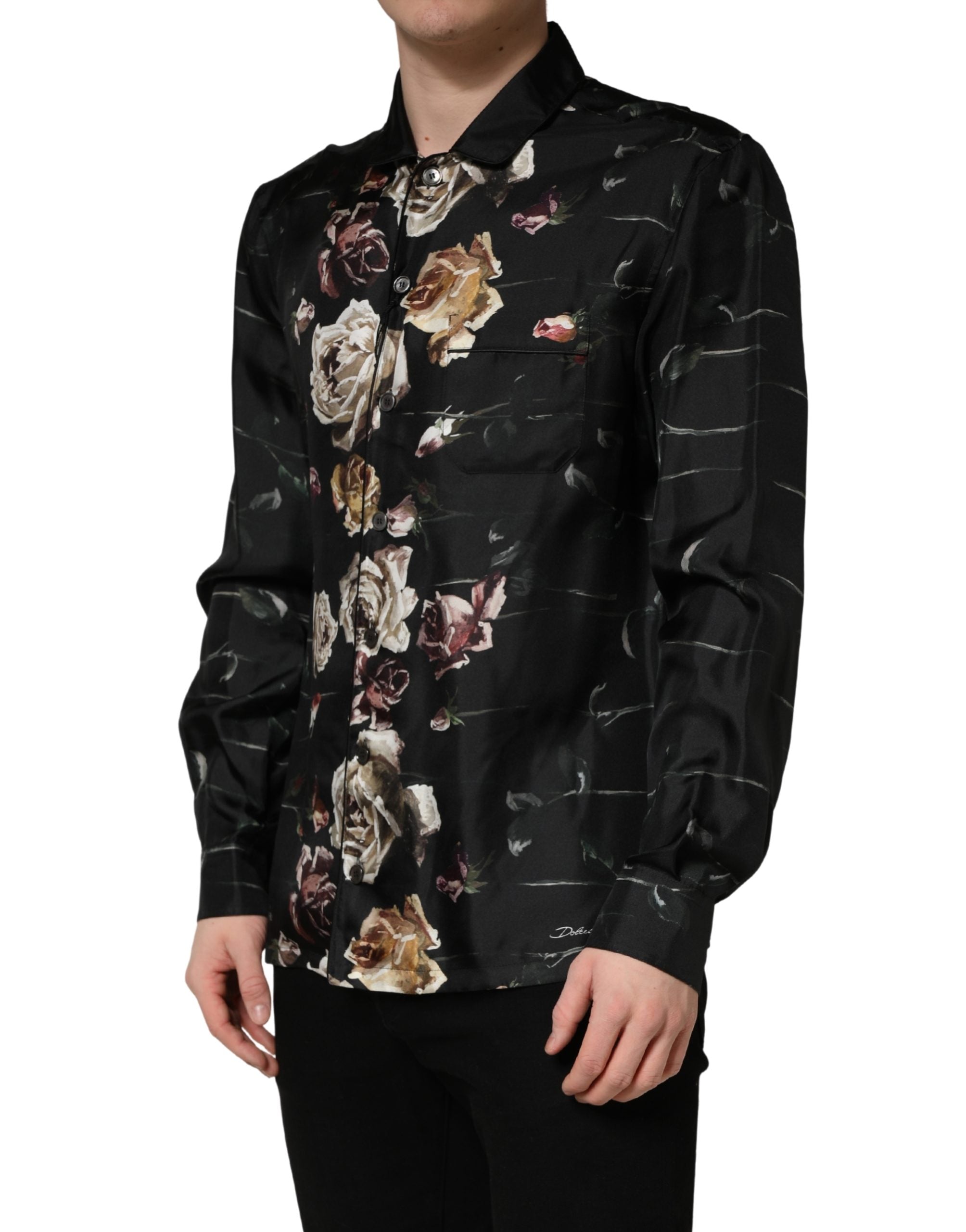 Dolce & Gabbana Schwarzes Freizeithemd mit Blumenprint und langen Ärmeln-4