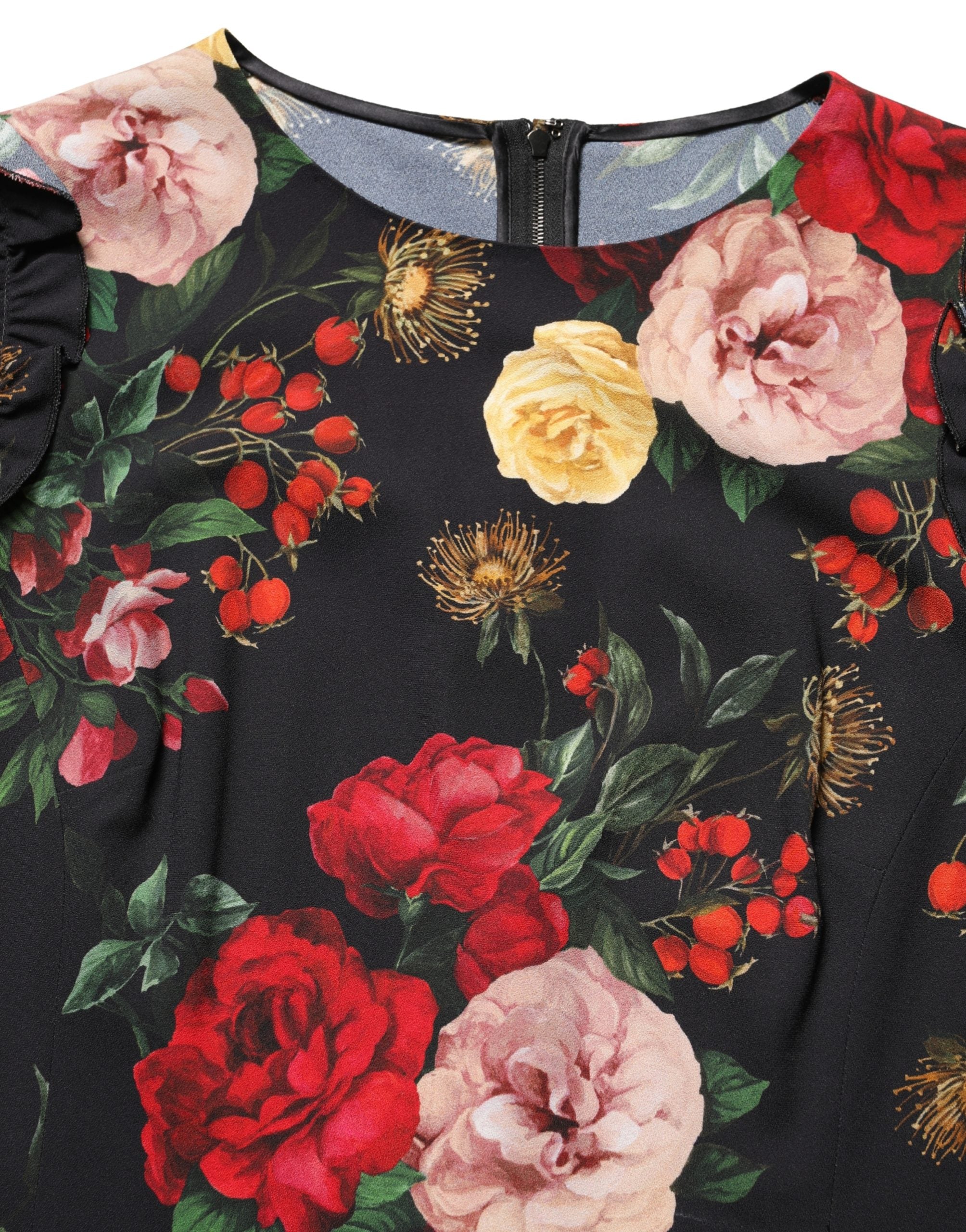 Dolce & Gabbana Schwarze Bluse aus Krepp mit Blumenprint und Rüschenbesatz-1