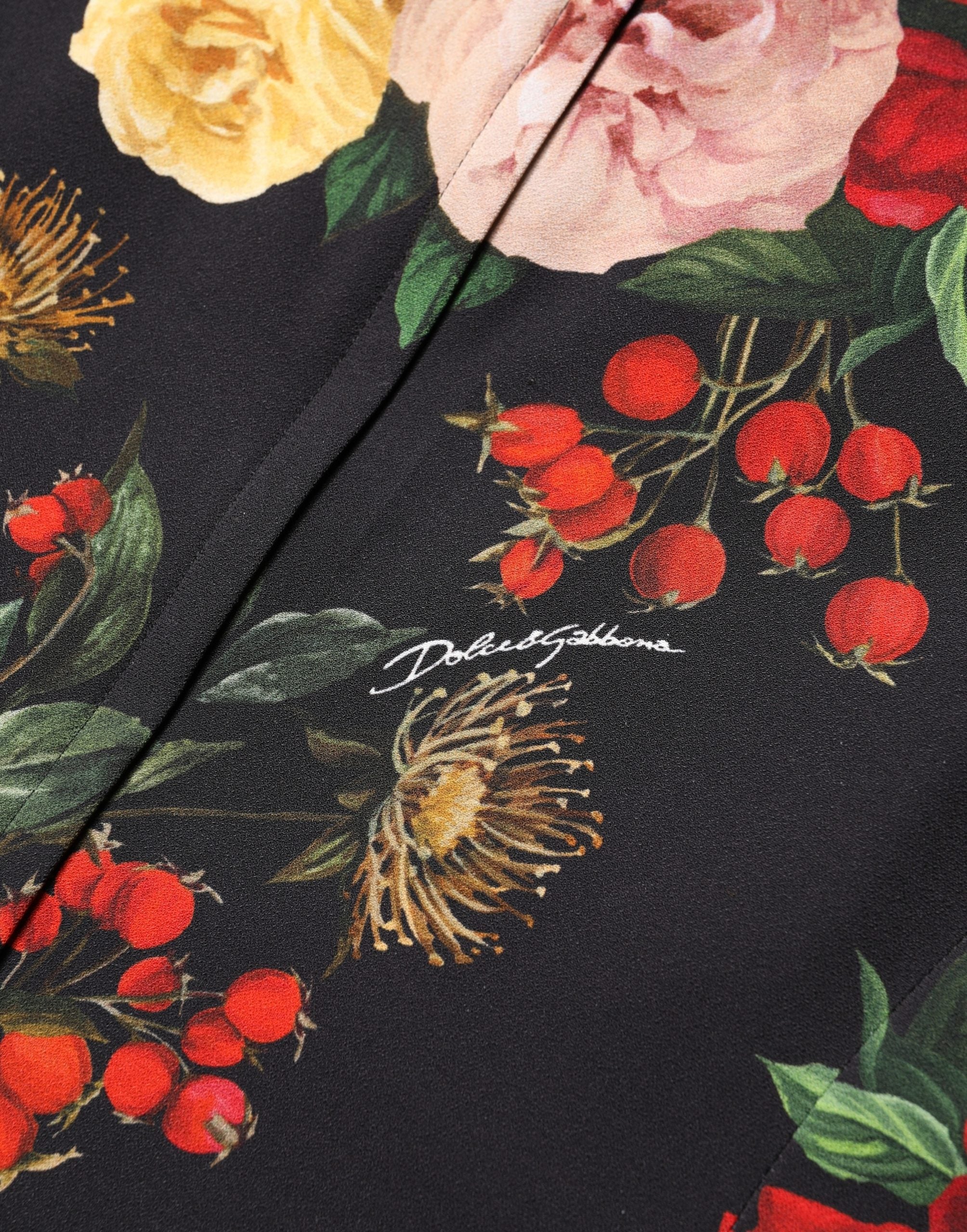 Dolce & Gabbana Schwarze Bluse aus Krepp mit Blumenprint und Rüschenbesatz-2