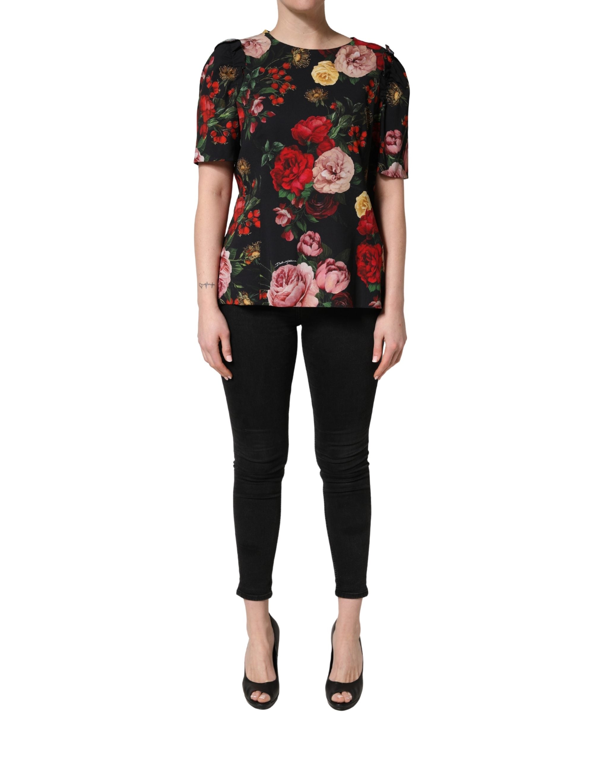 Dolce & Gabbana Schwarze Bluse aus Krepp mit Blumenprint und Rüschenbesatz-3