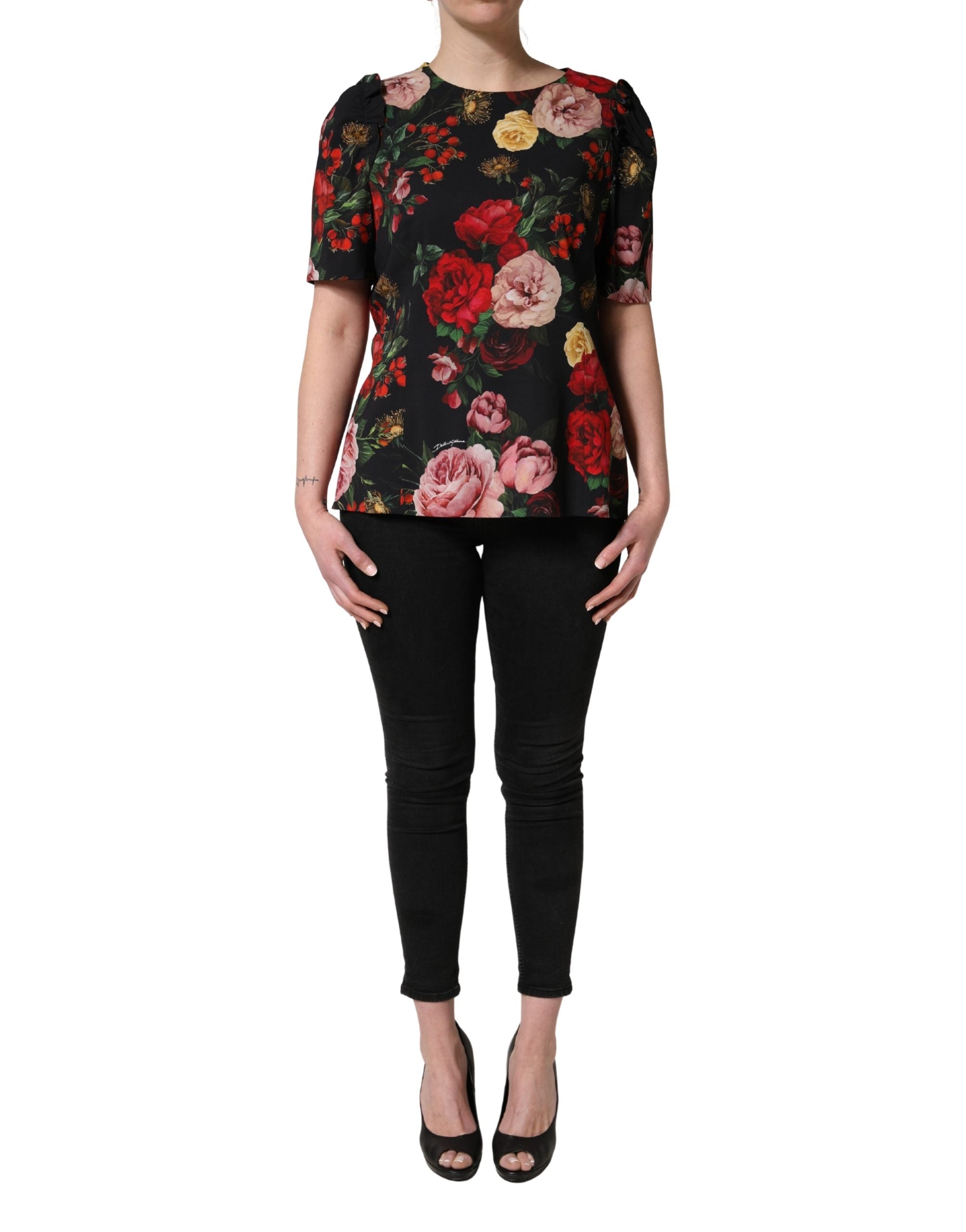 Dolce & Gabbana Schwarze Bluse aus Krepp mit Blumenprint und Rüschenbesatz-4