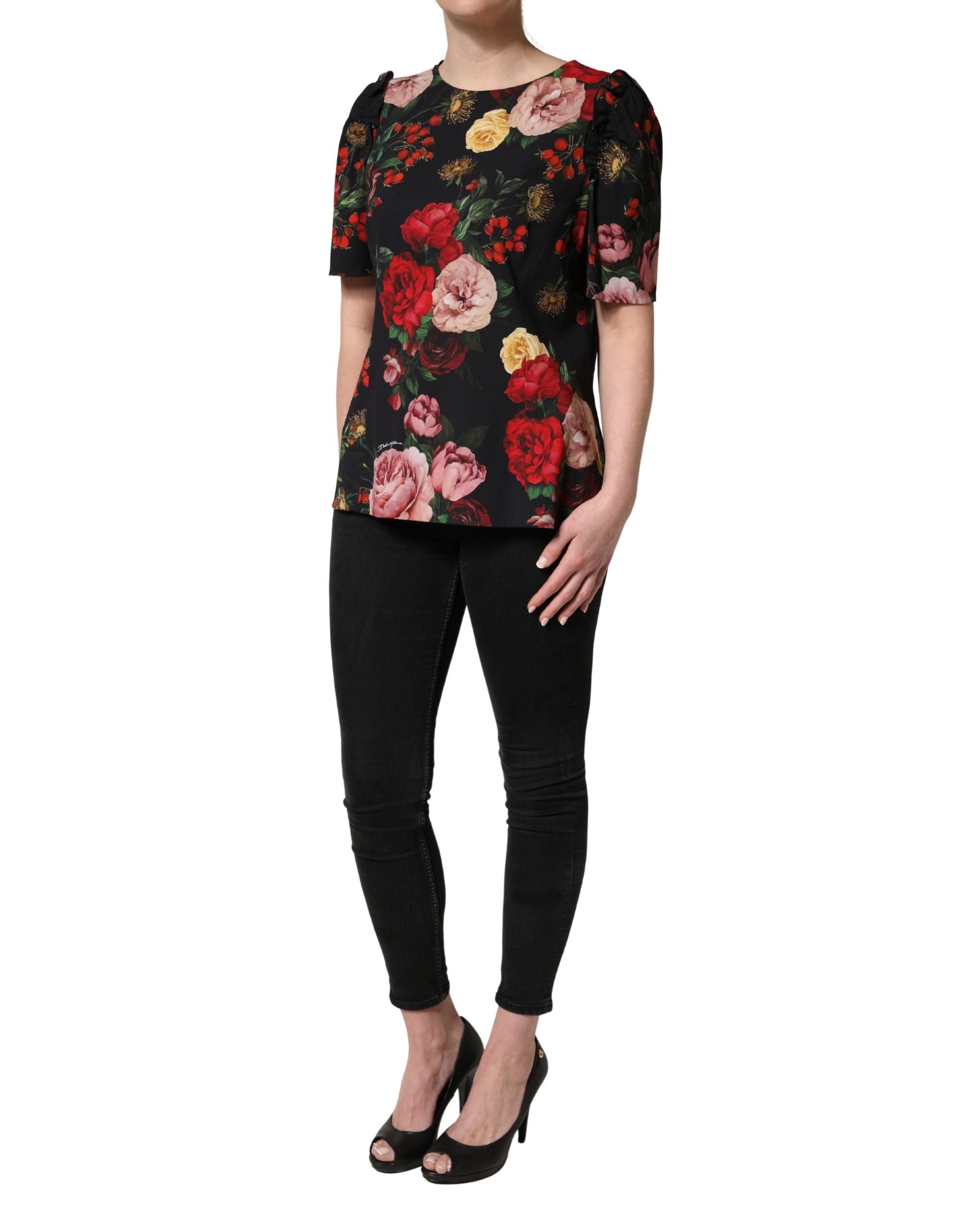 Dolce & Gabbana Schwarze Bluse aus Krepp mit Blumenprint und Rüschenbesatz-5