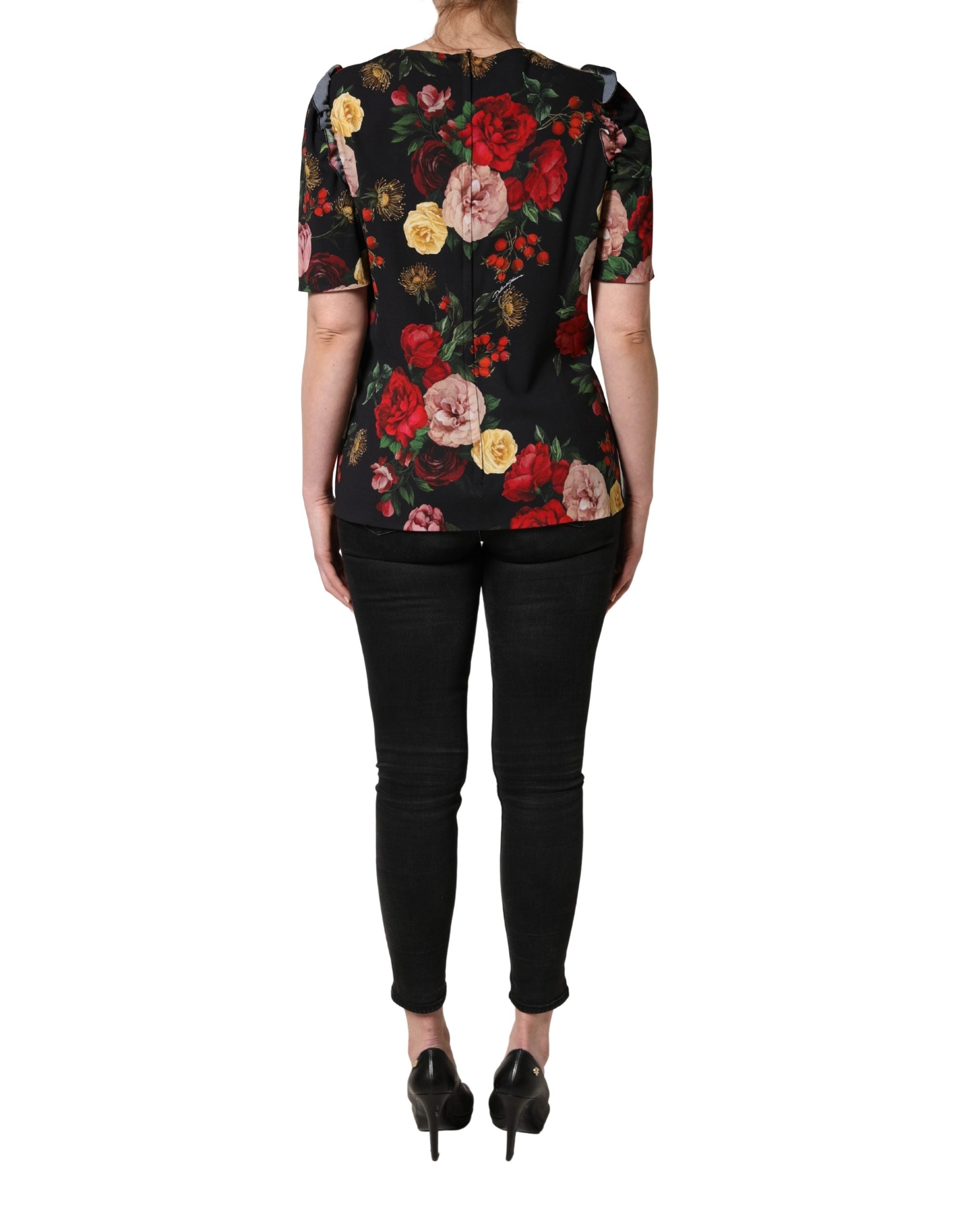 Dolce & Gabbana Schwarze Bluse aus Krepp mit Blumenprint und Rüschenbesatz-6
