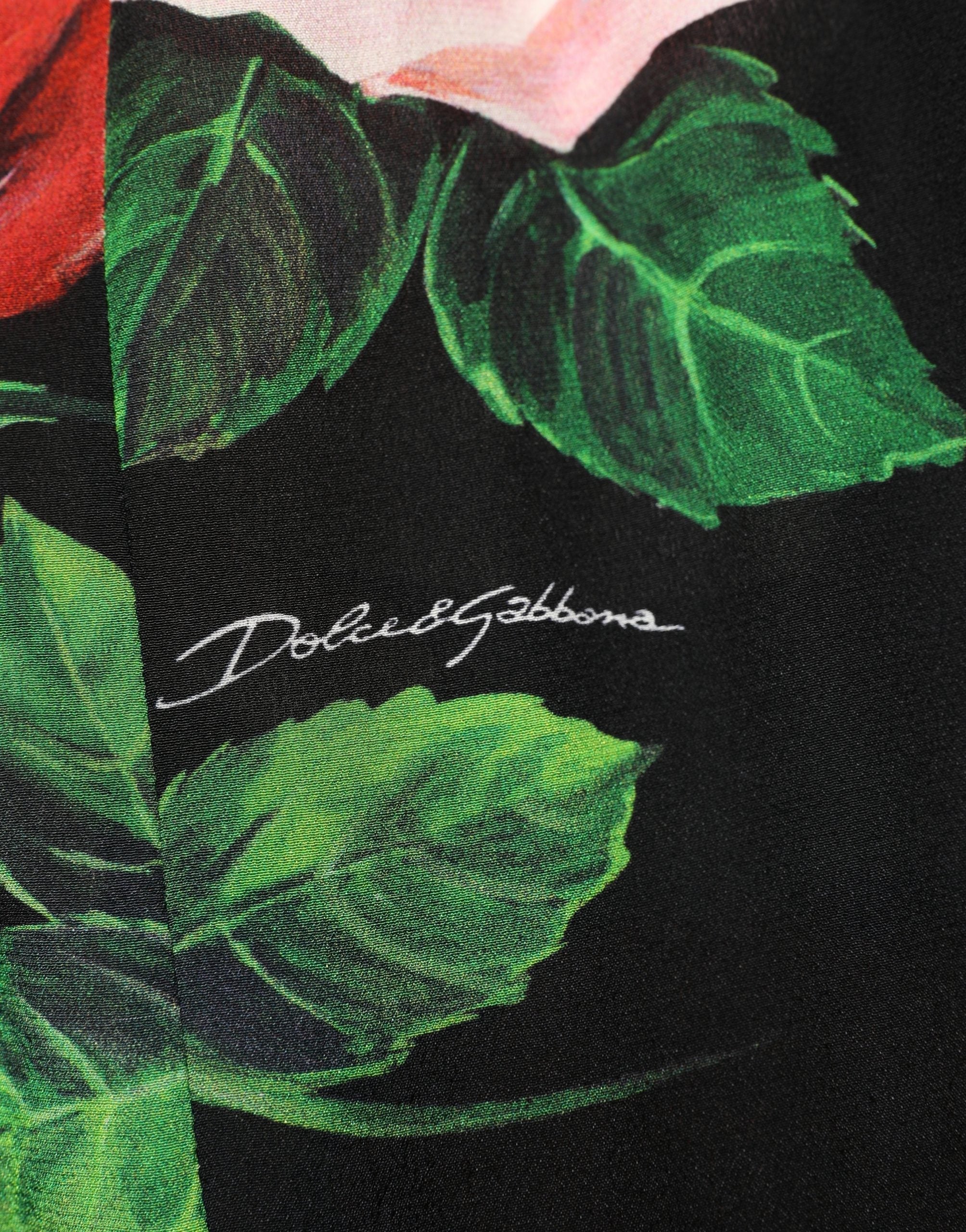 Dolce & Gabbana Schwarze Seidenbluse mit Rosenprint und Carmen-Ausschnitt-1