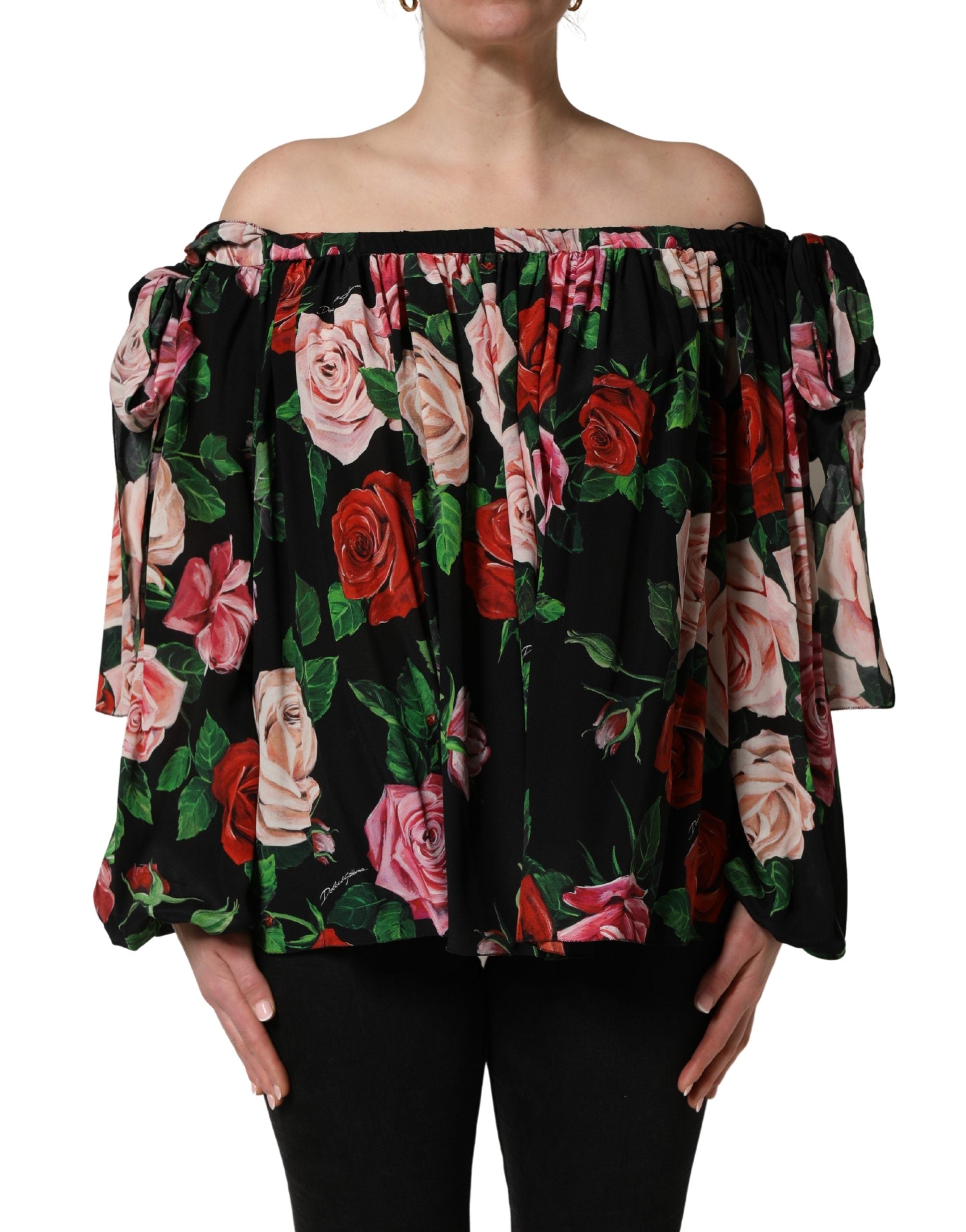Dolce & Gabbana Schwarze Seidenbluse mit Rosenprint und Carmen-Ausschnitt-2